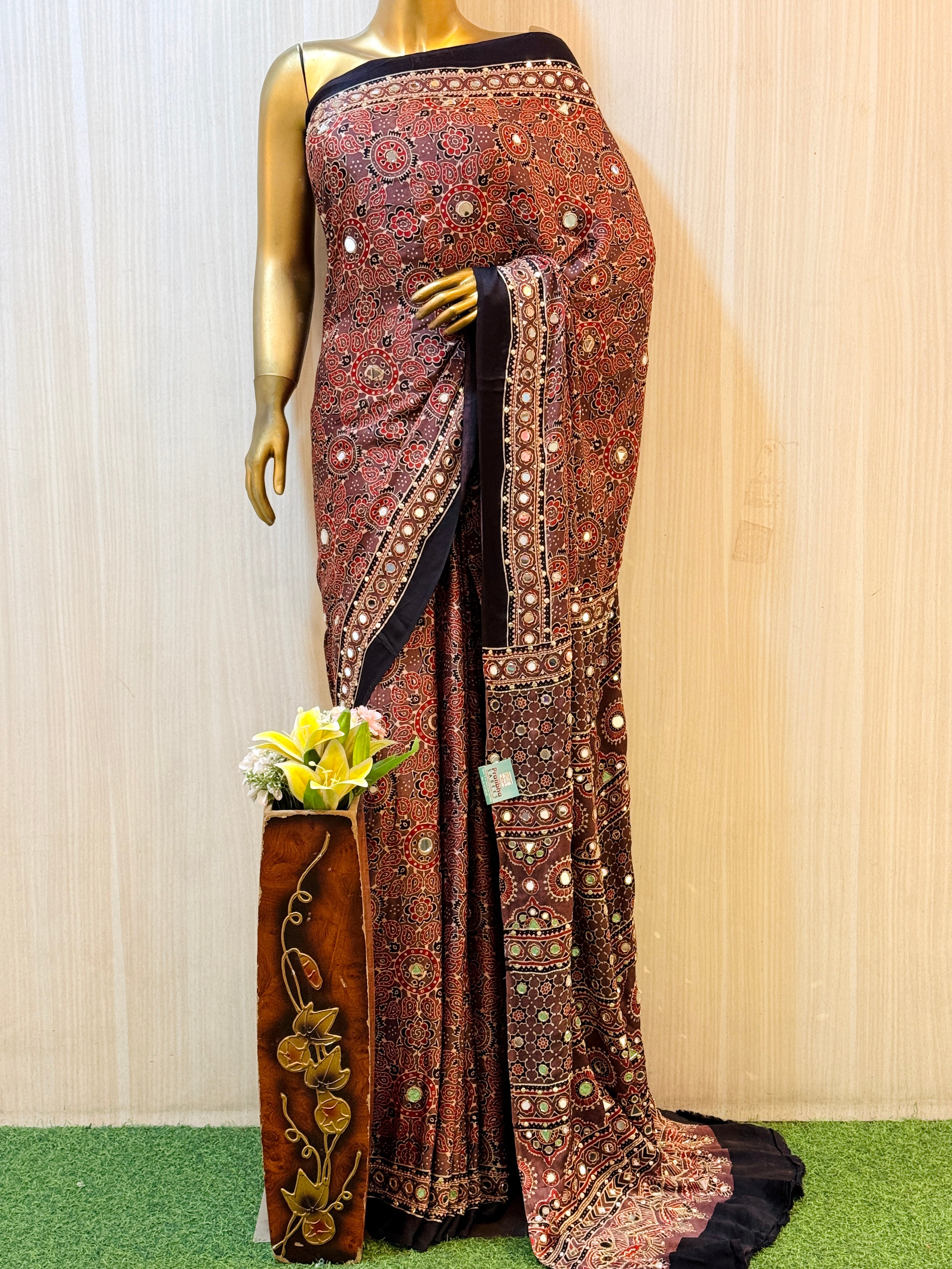 Drishti Brown Modal Silk Ajrakh Saree