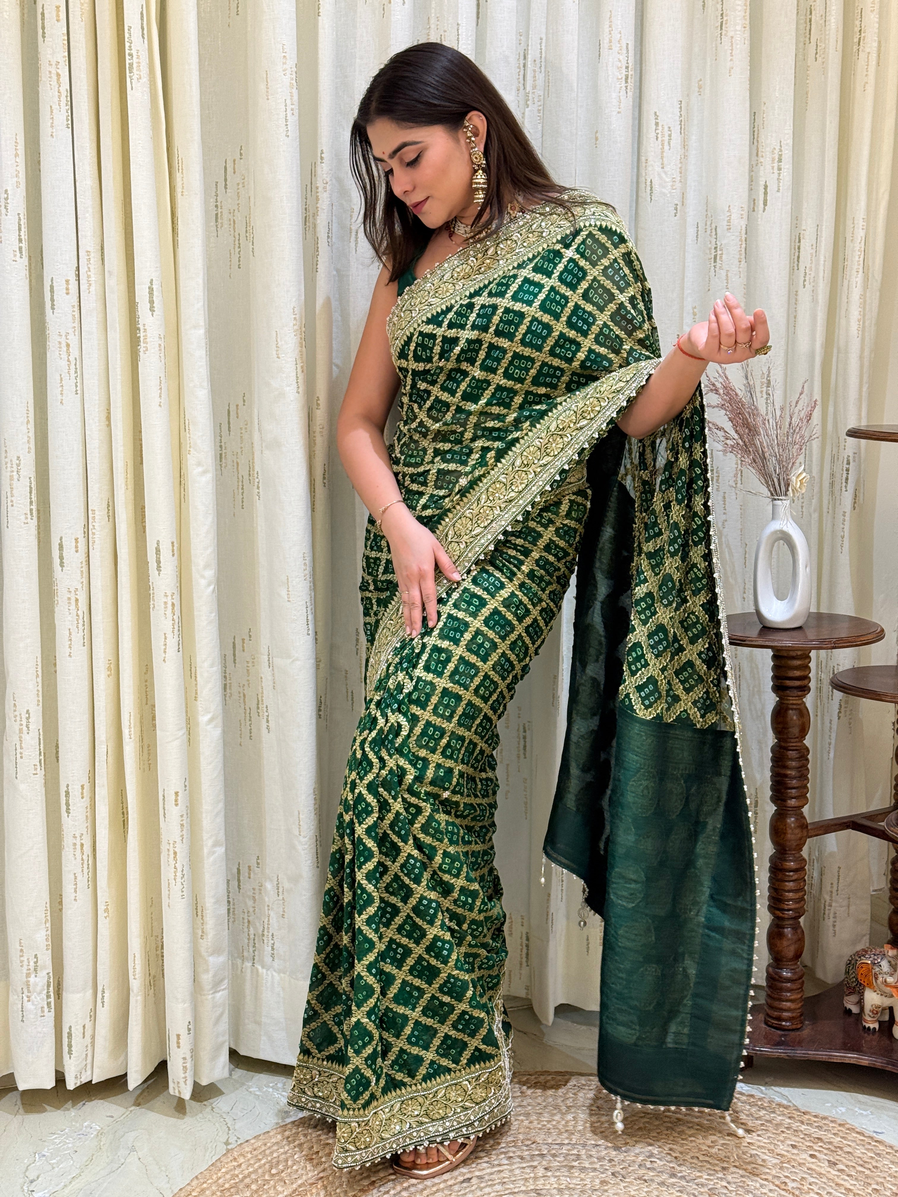 Vinishka Emerald Pearl Edged Bandhani Saree