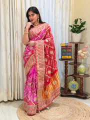 Nishtha Red Pink Bandhani Gajji Silk Saree