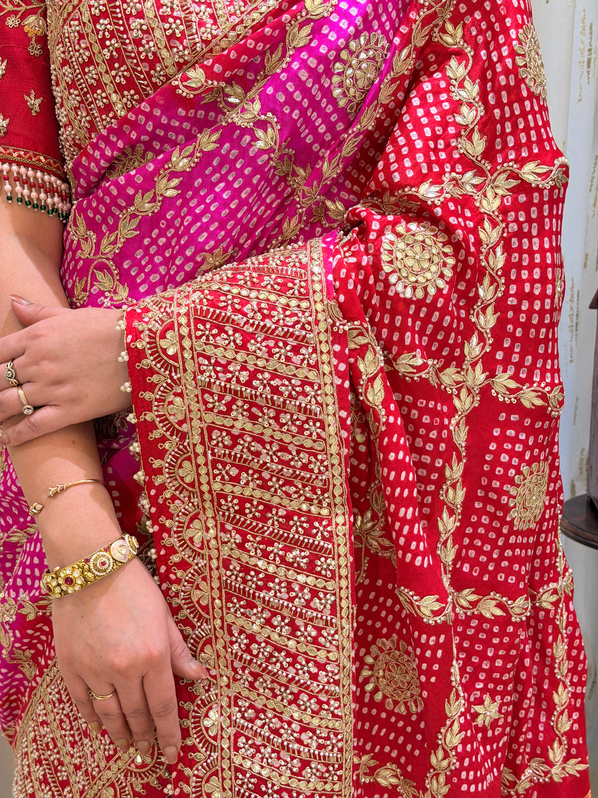 Nishtha Red Pink Bandhani Gajji Silk Saree