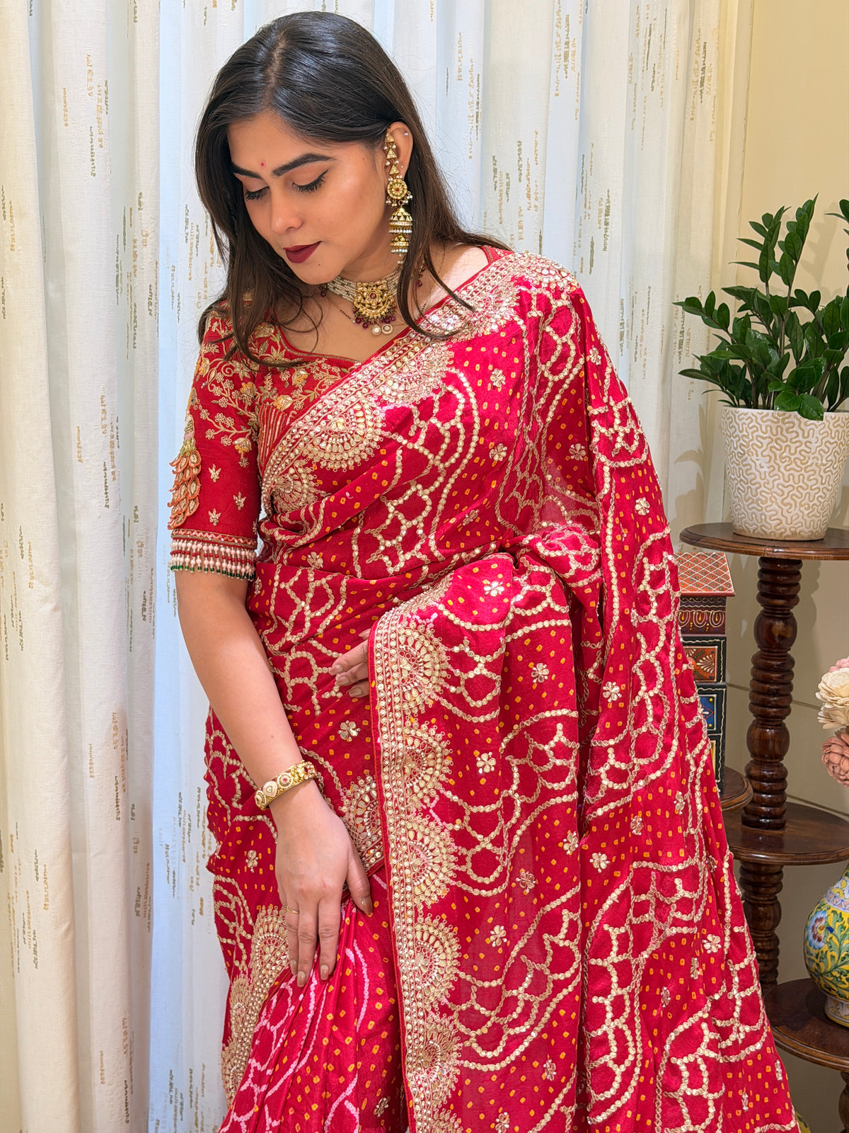 Shrestha Red Bandhani Gajji Silk Saree