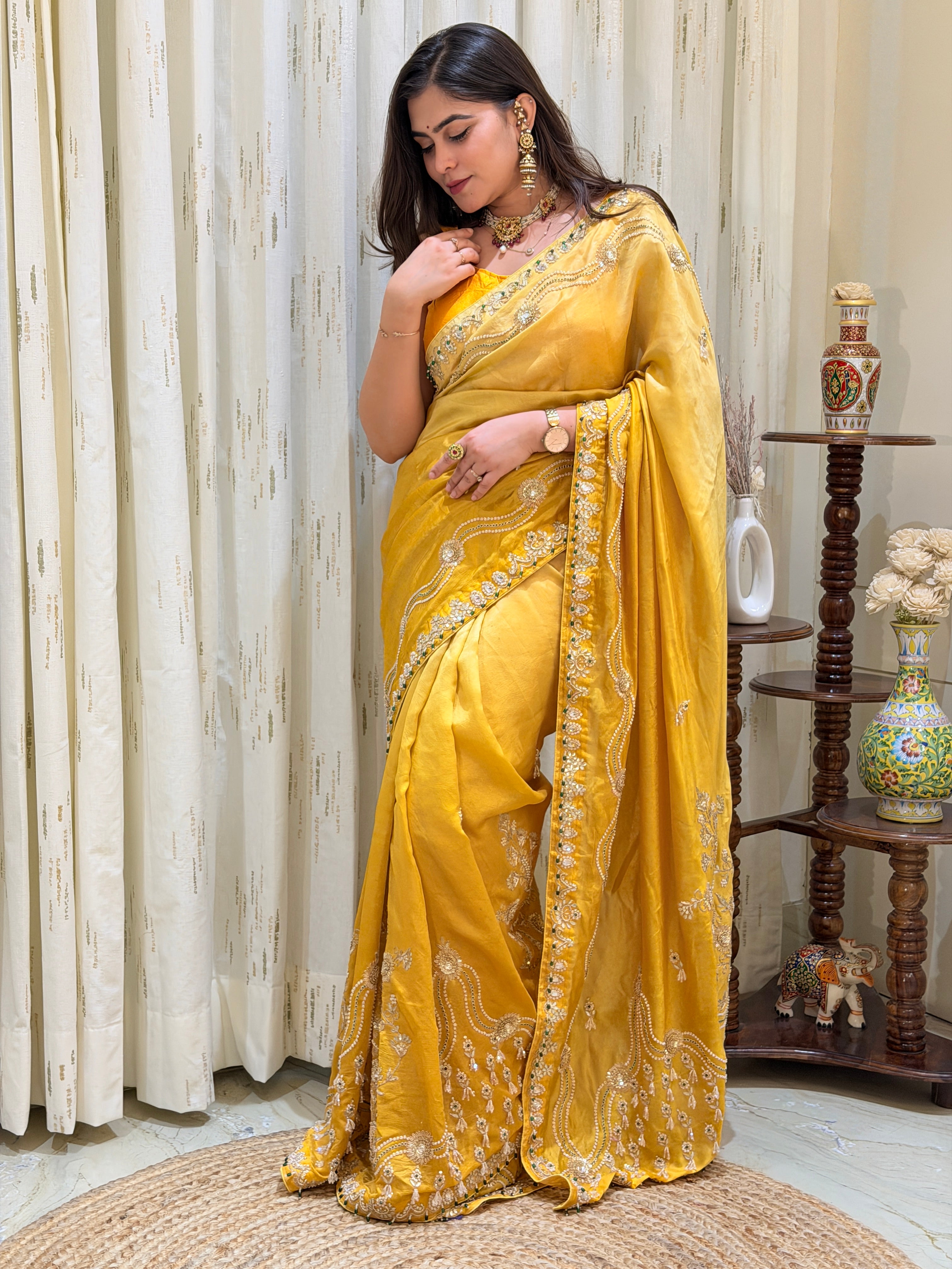 Rajeshwari Yellow Emerald Tussar Silk Saree