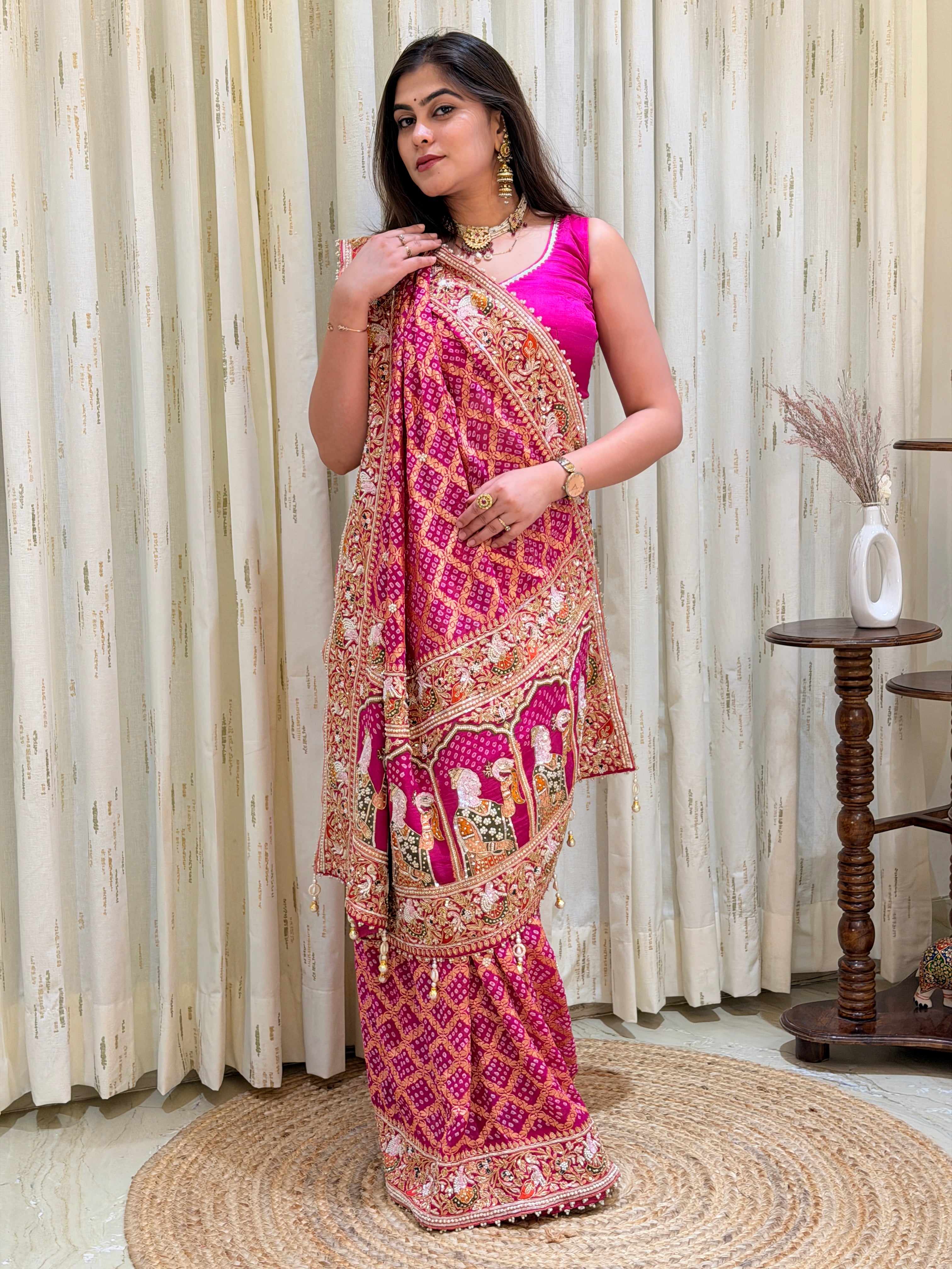 Mrinalini Pink Khadi Georgette Bandhani Saree