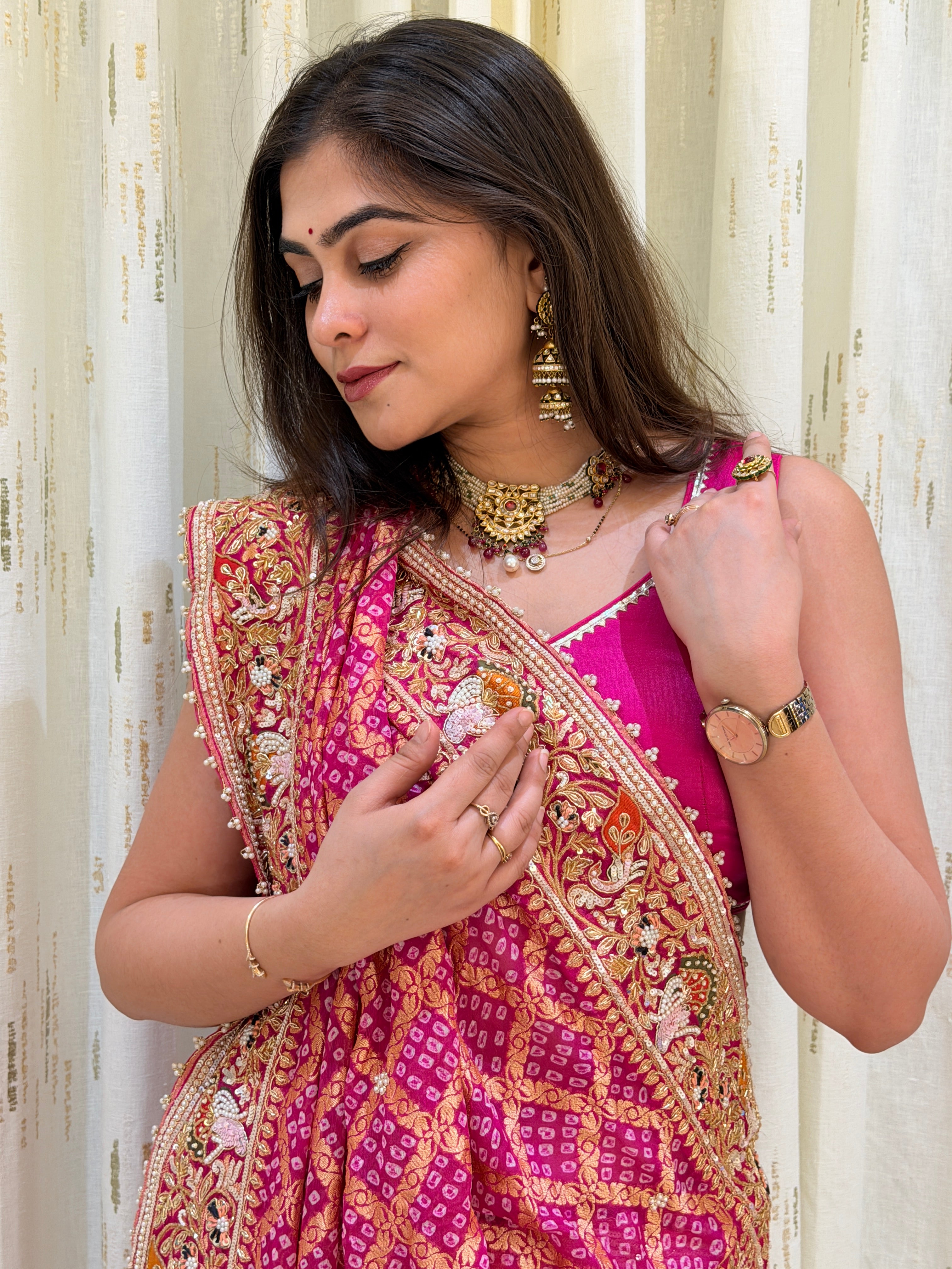 Mrinalini Pink Khadi Georgette Bandhani Saree