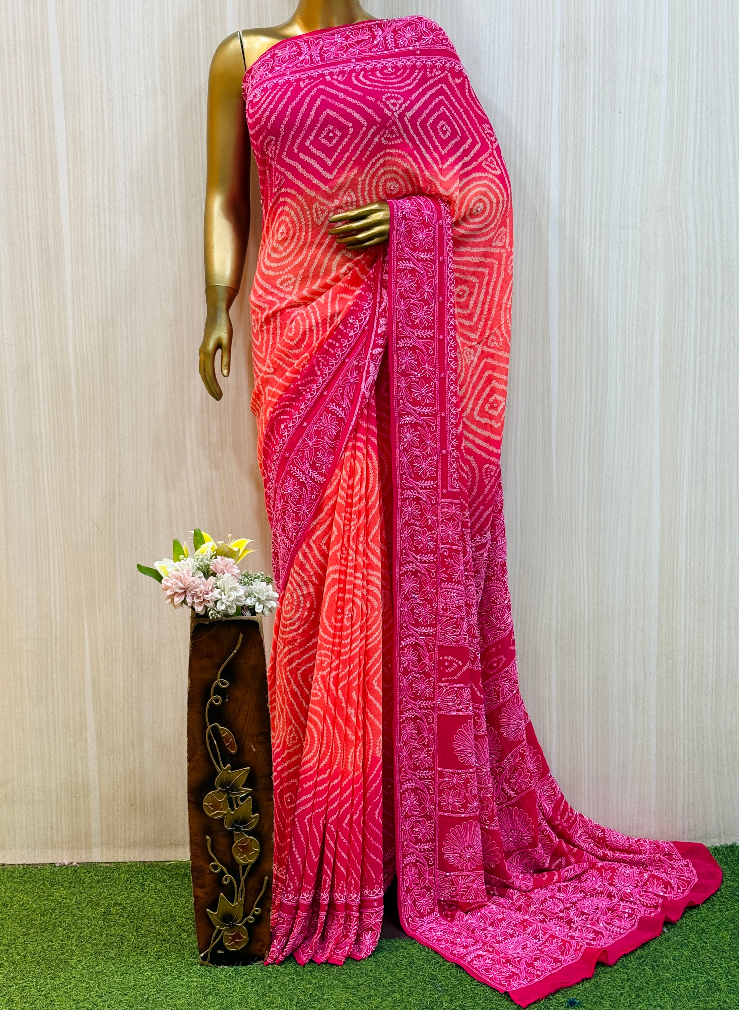 Avika Coral Pink Bandhani Saree