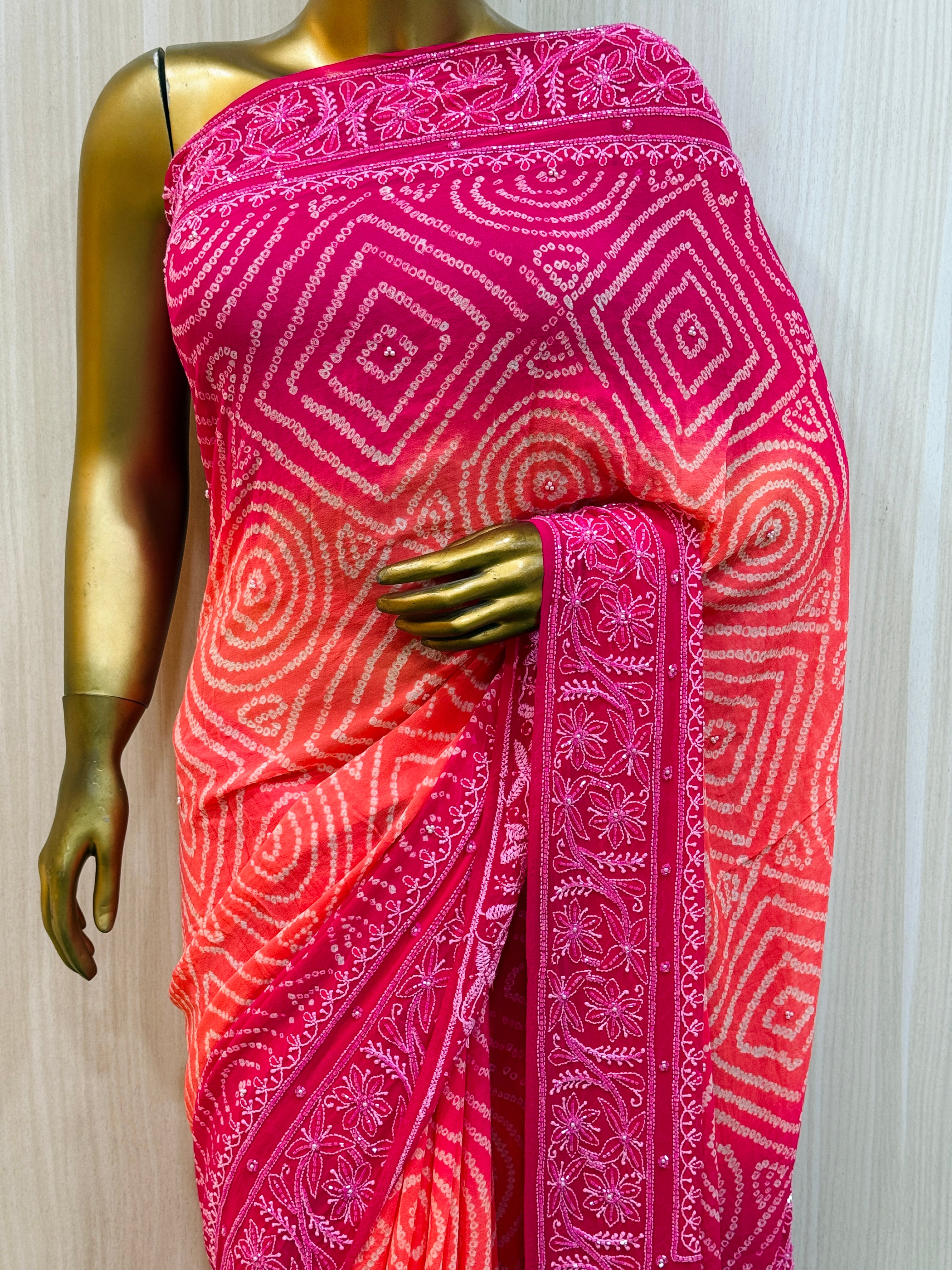 Avika Coral Pink Bandhani Saree