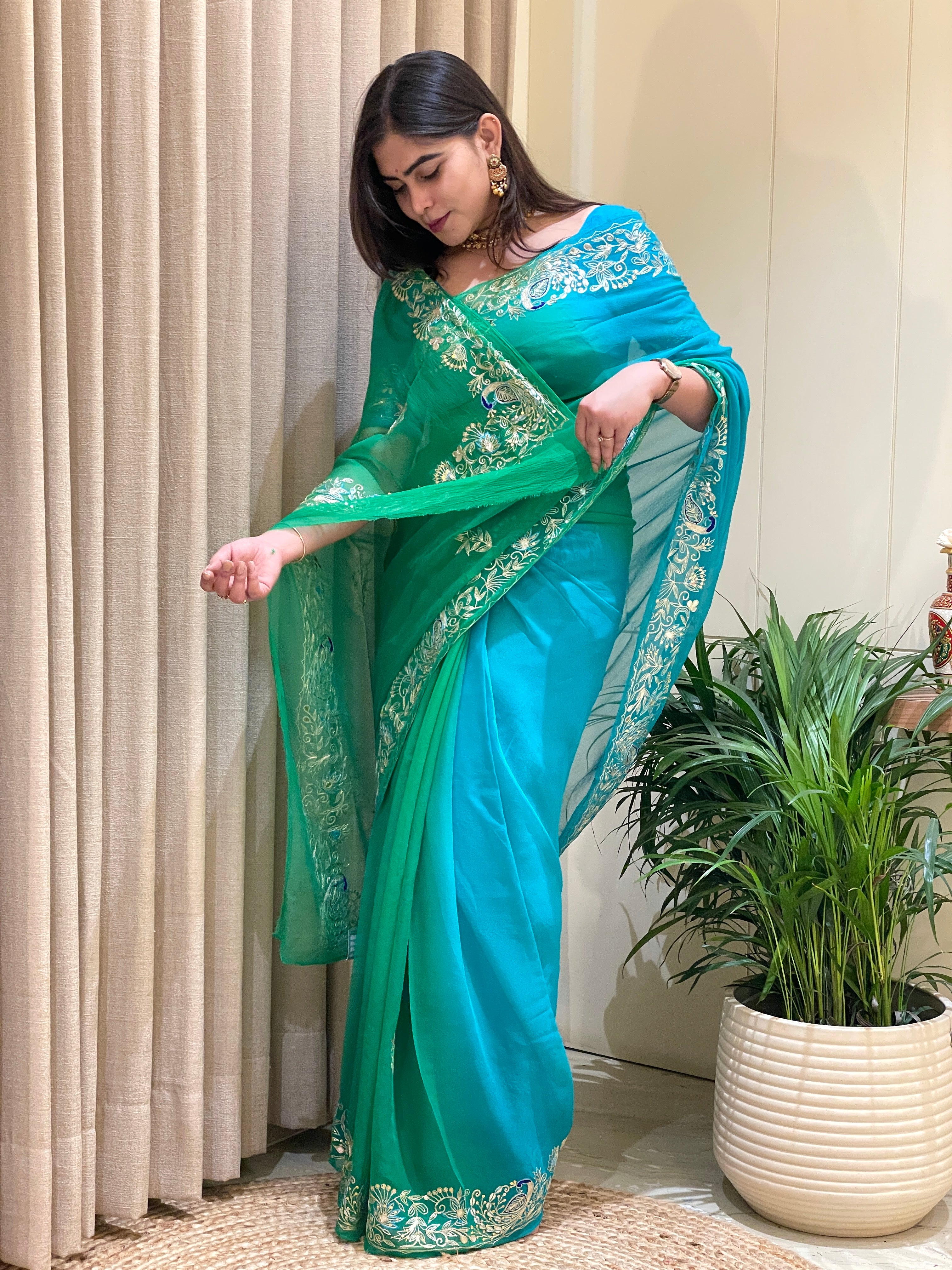 Aarvi Chiffon Breeze Aqua Green Saree