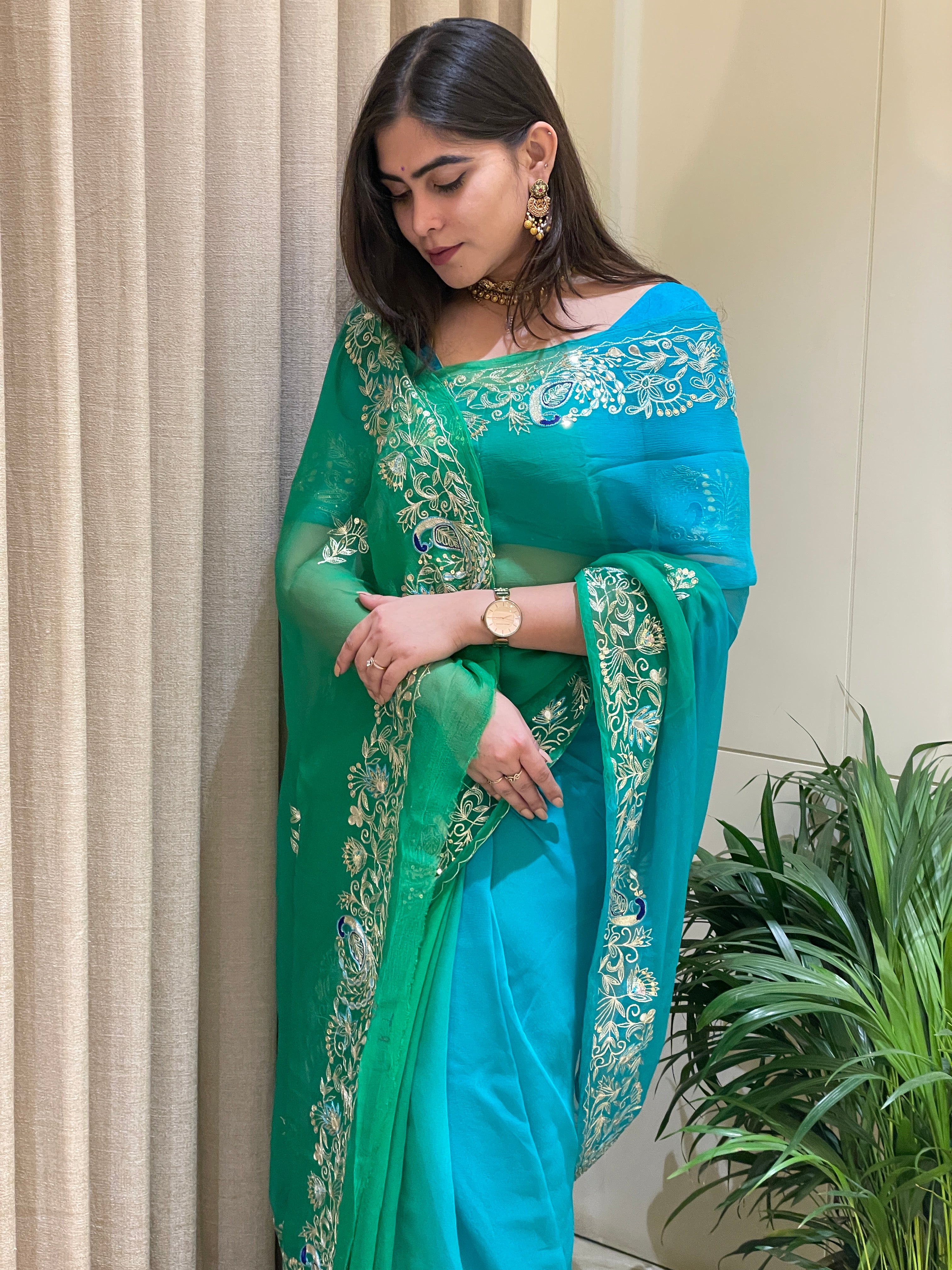 Aarvi Chiffon Breeze Aqua Green Saree