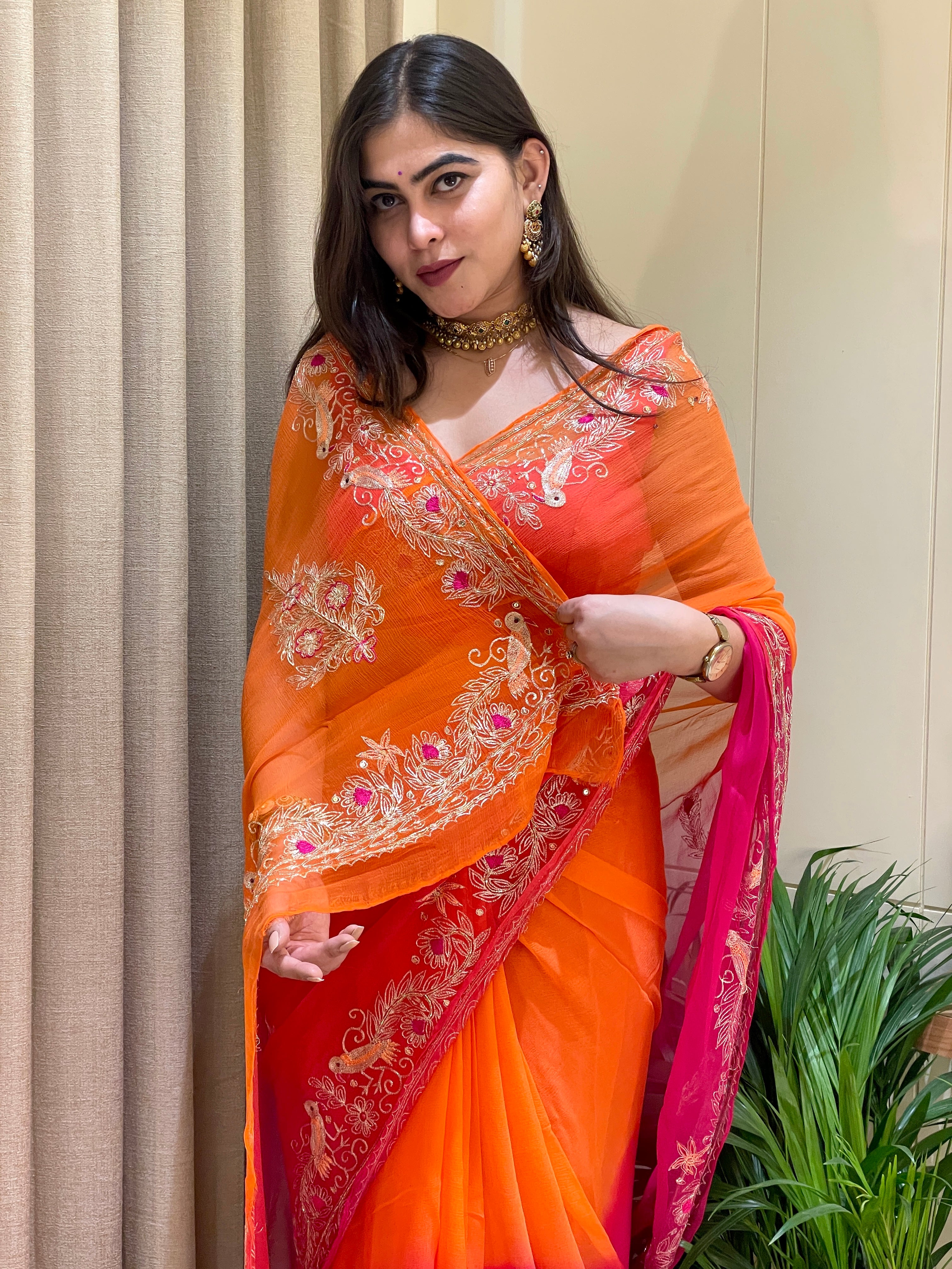 Riya Chiffon Glow Orange Pink Dual Shade Saree
