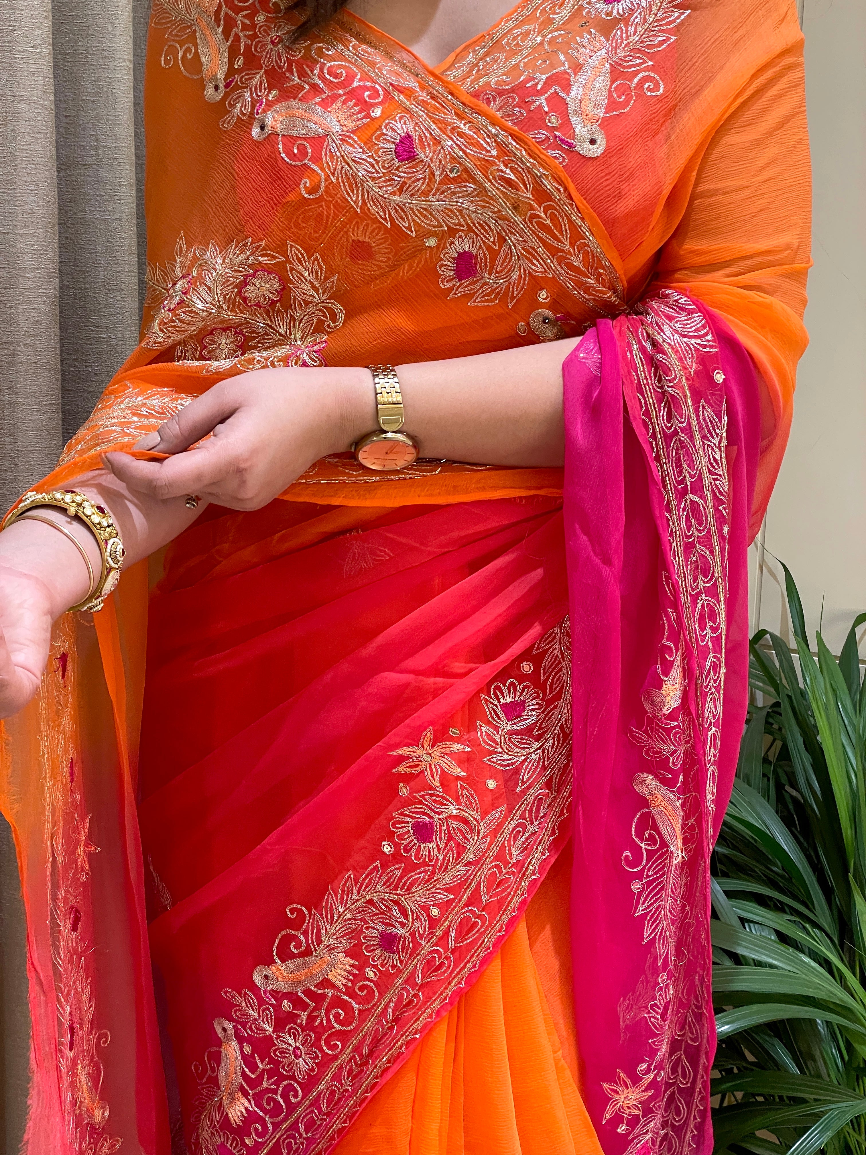 Riya Chiffon Glow Orange Pink Dual Shade Saree