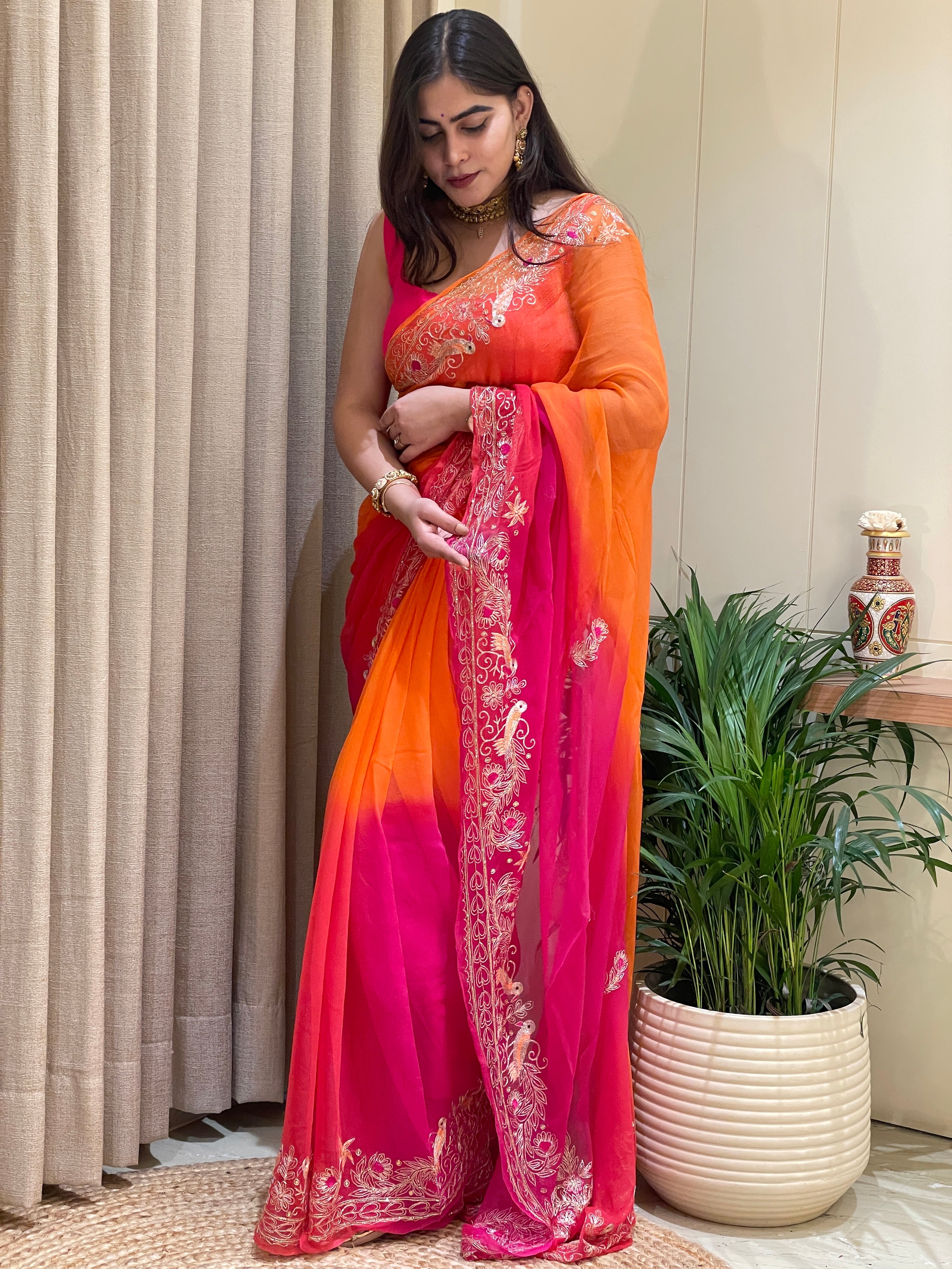 Riya Chiffon Glow Orange Pink Dual Shade Saree