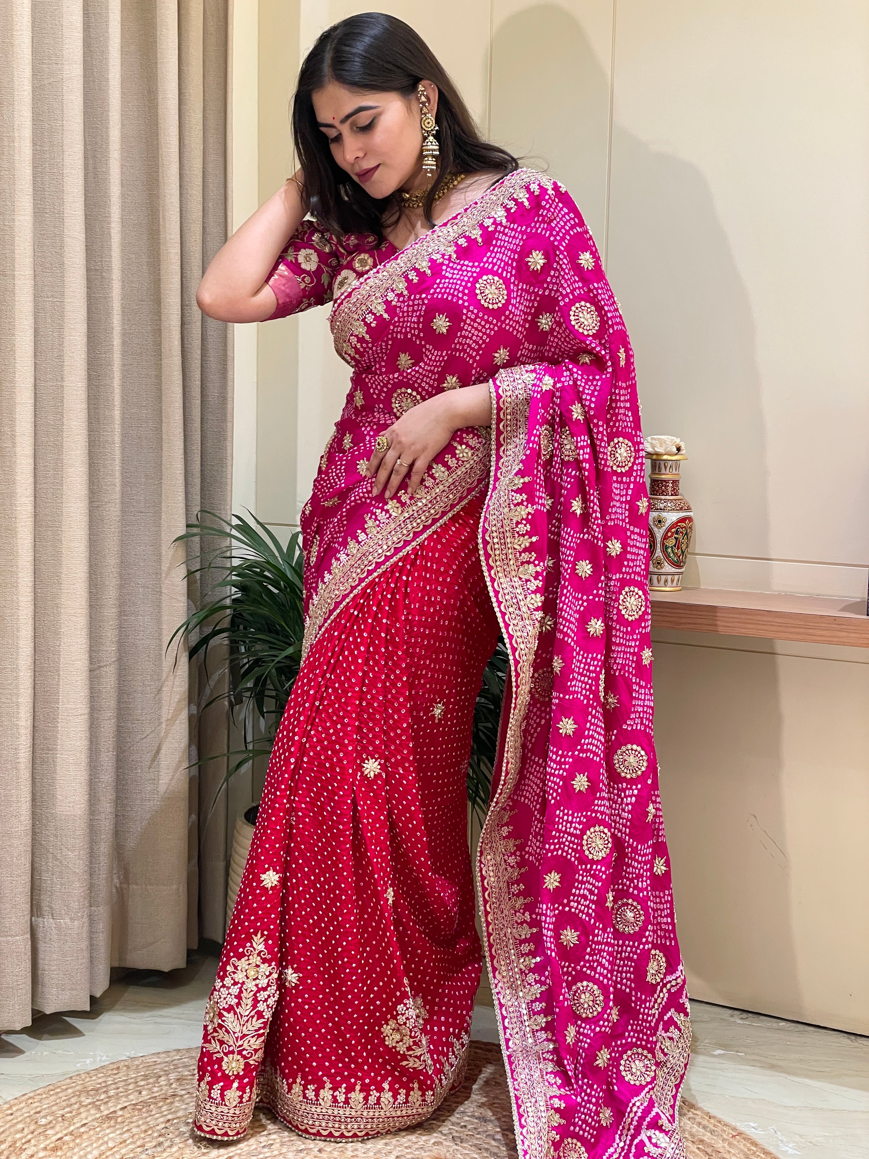 Kashvi Bandhej Royal Pink Embroidered Saree
