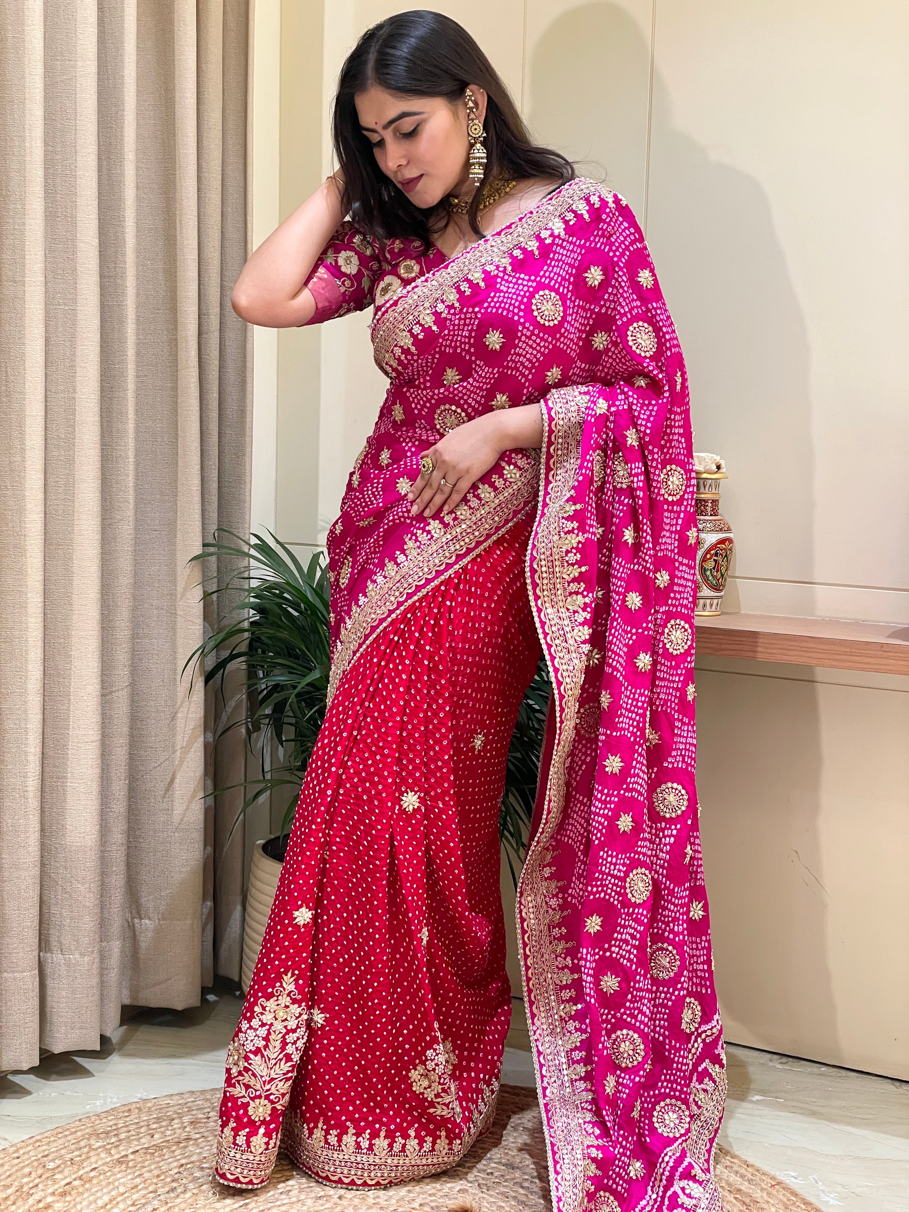 Kashvi Bandhej Royal Pink Embroidered Saree