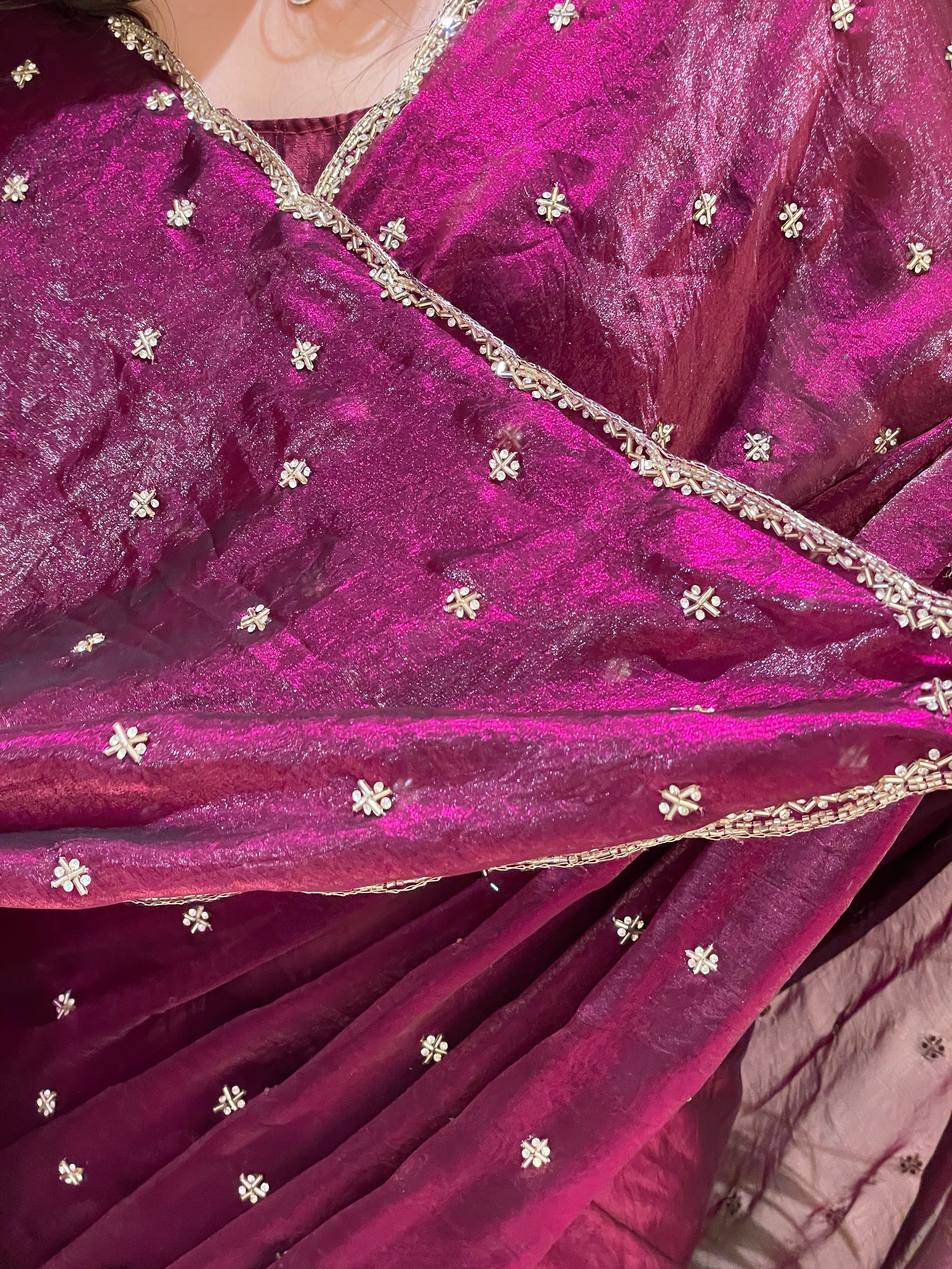 Nayra Tissue Silk Wine Kardana & Stone Handwork Saree