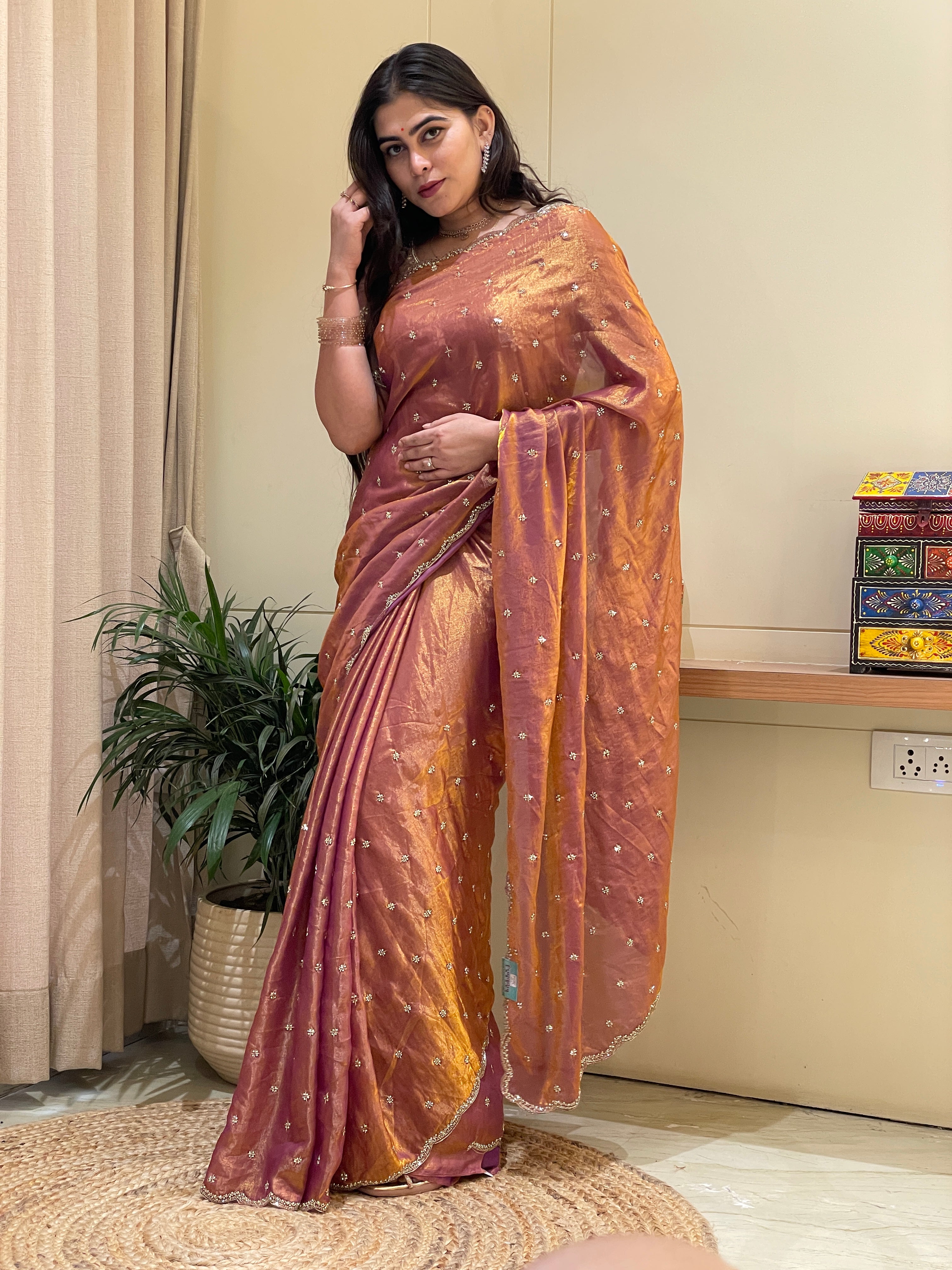 Samaira Tissue Silk Copper Rose Kardana Handwork Saree