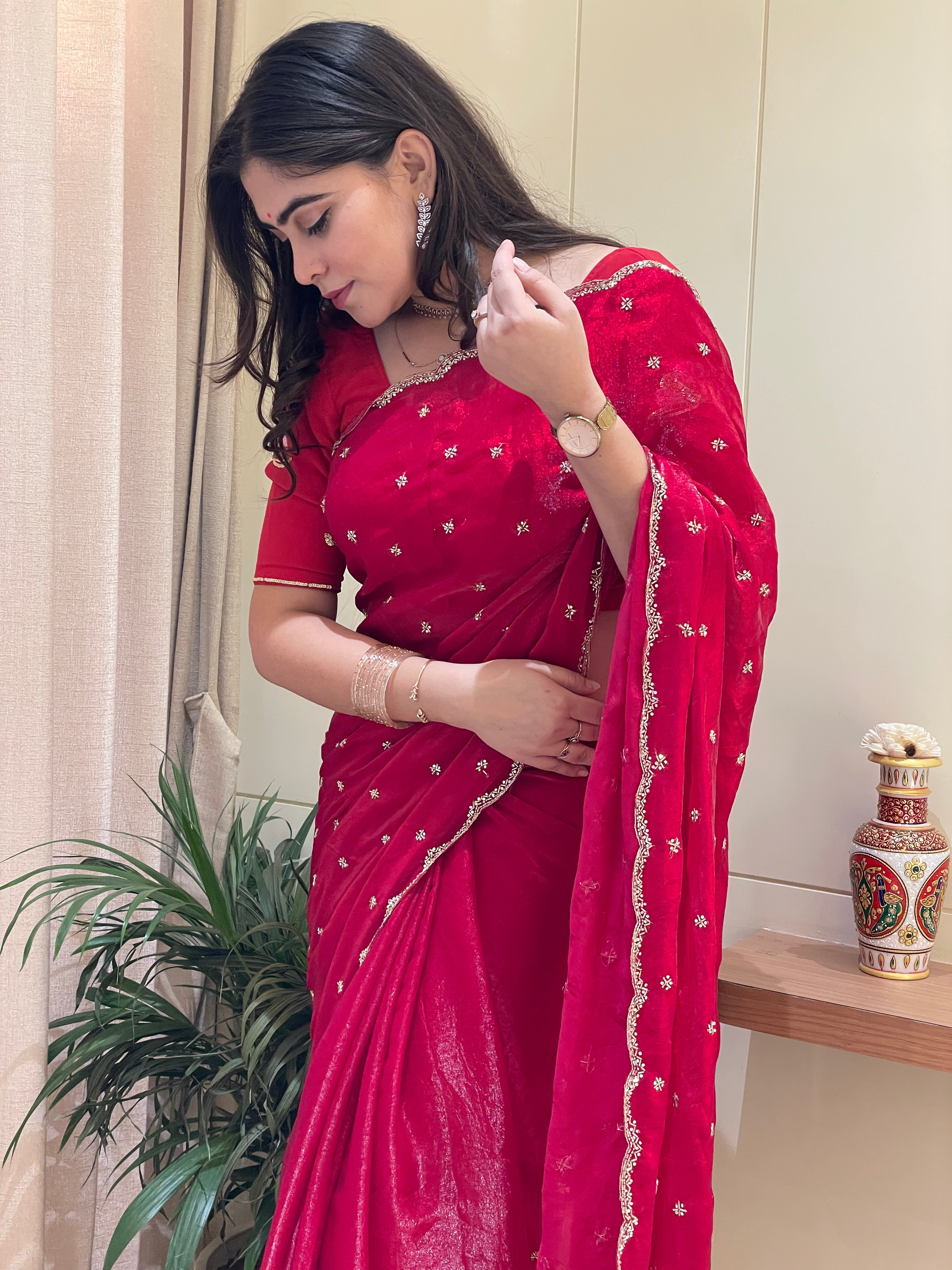 Ishika Tissue Red Silk Saree