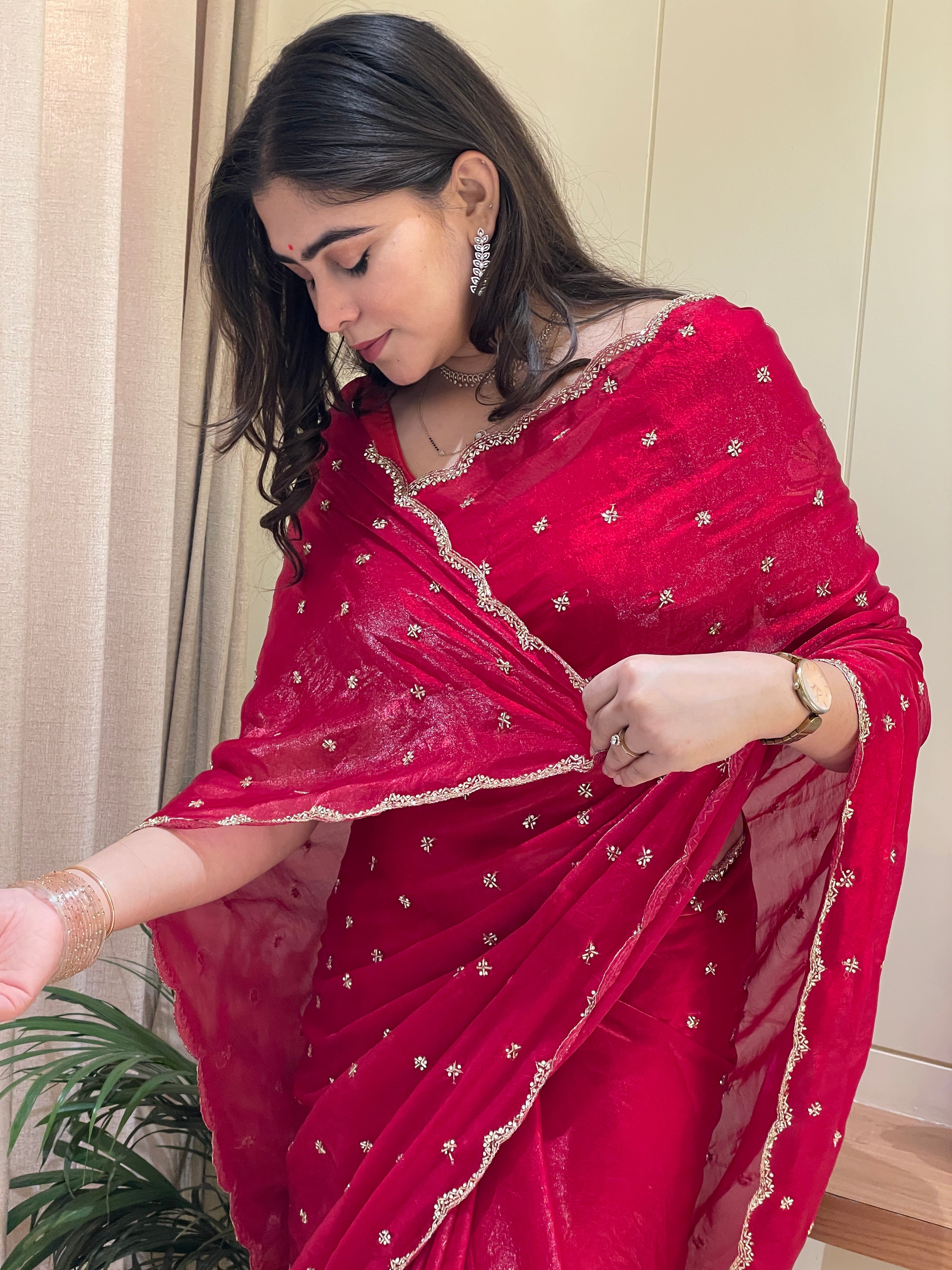 Ishika Tissue Red Silk Saree