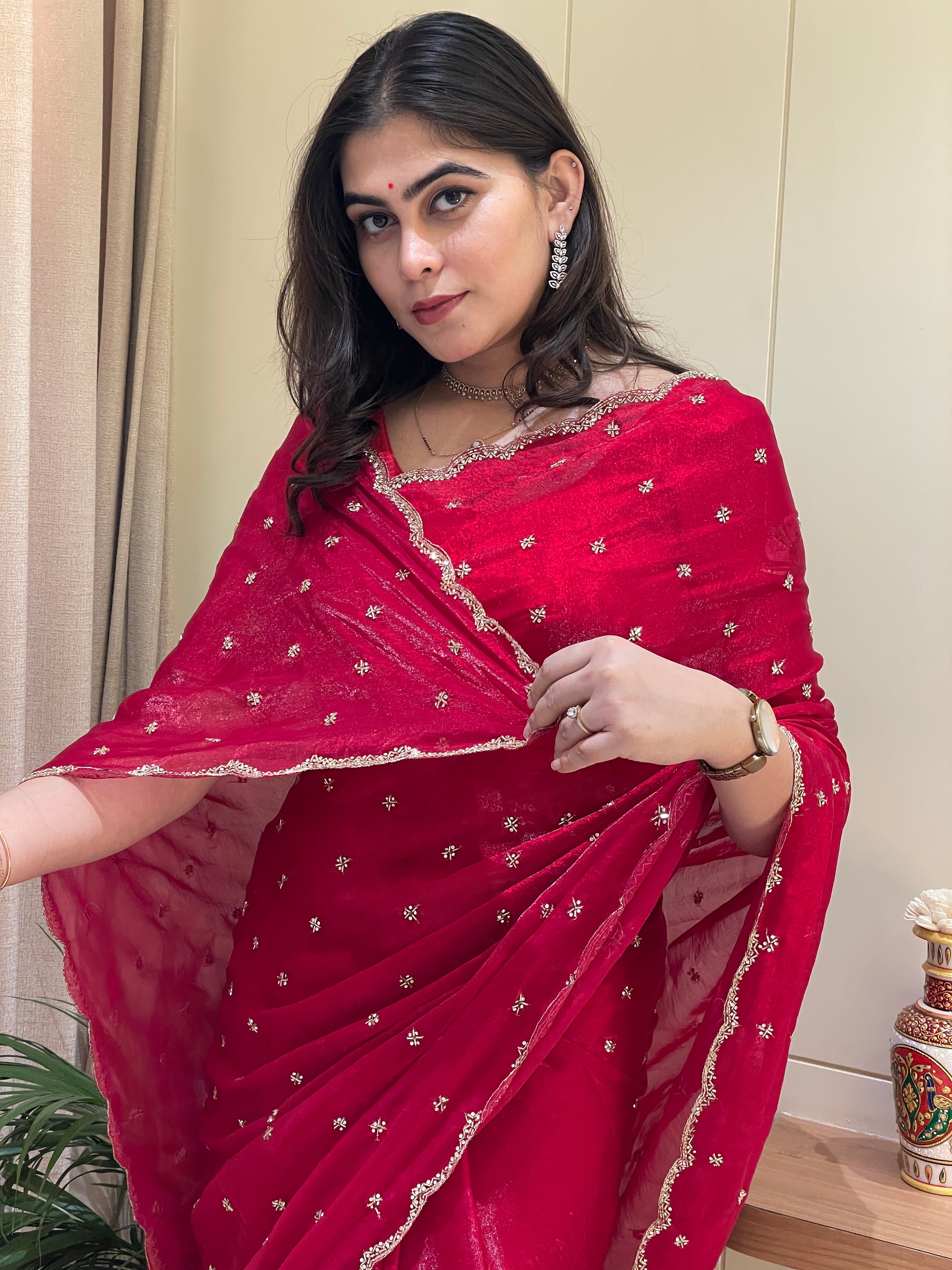 Ishika Tissue Red Silk Saree