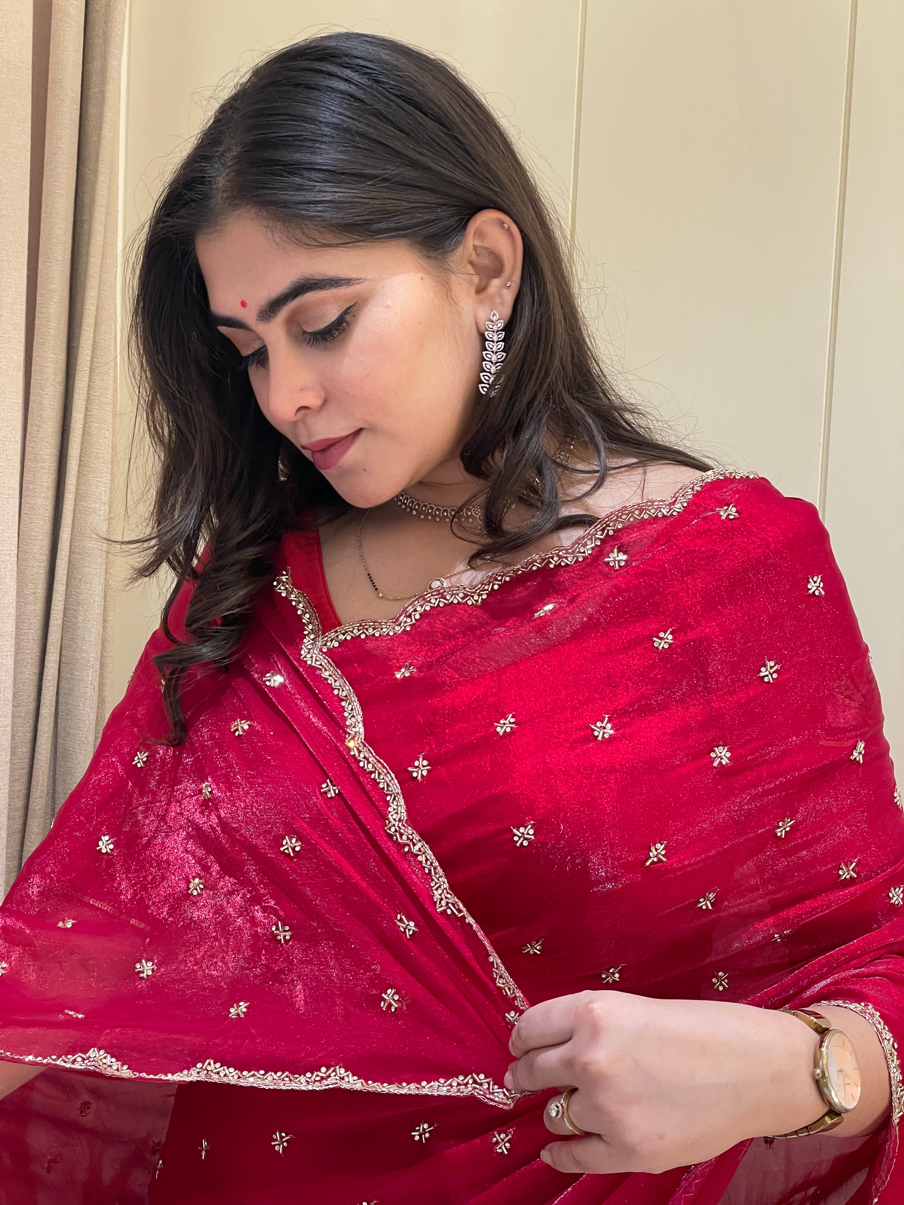 Ishika Tissue Red Silk Saree