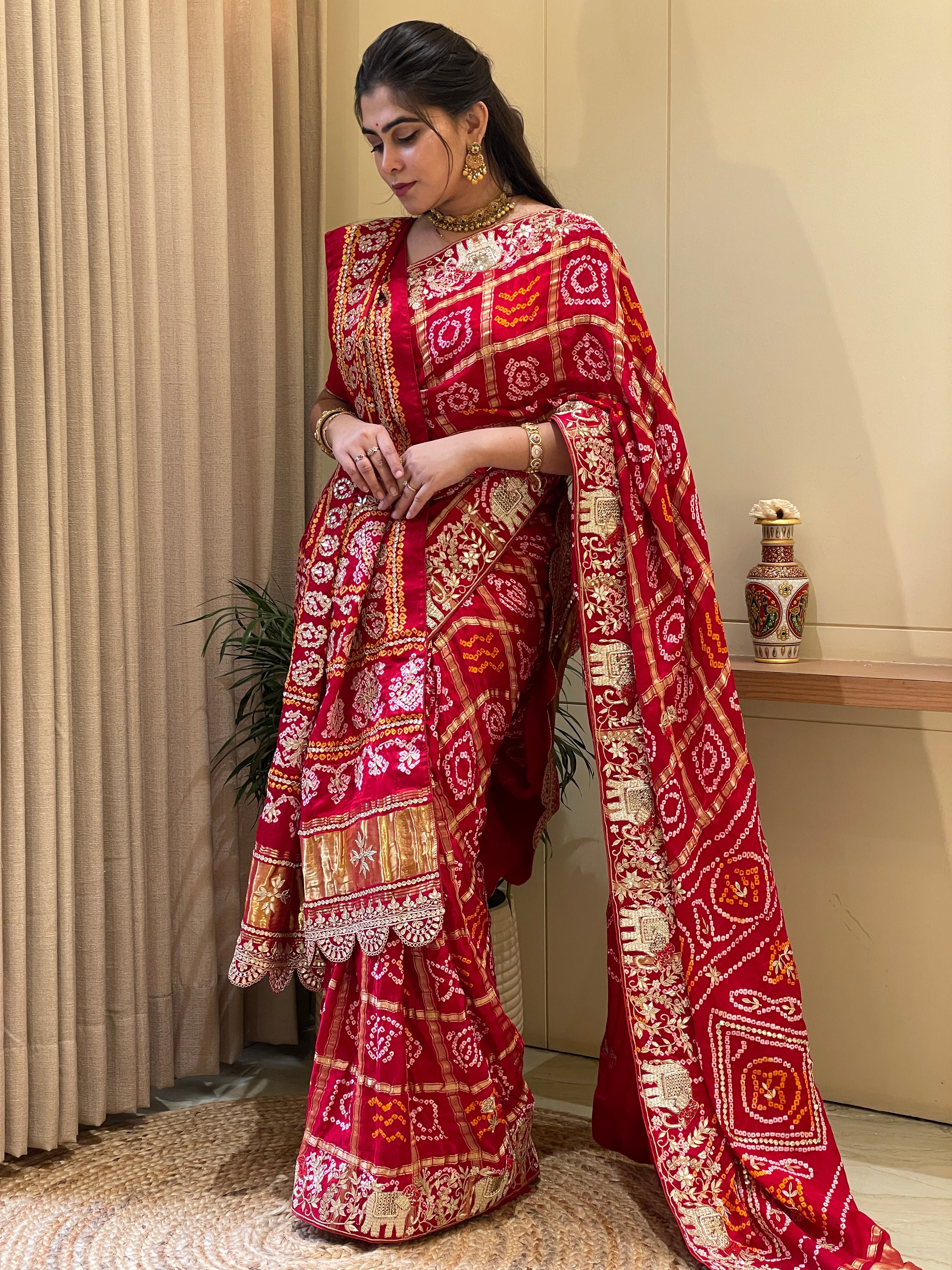 Vaidehi Bandhani Ghatchola Royal Red Zari Weave Saree