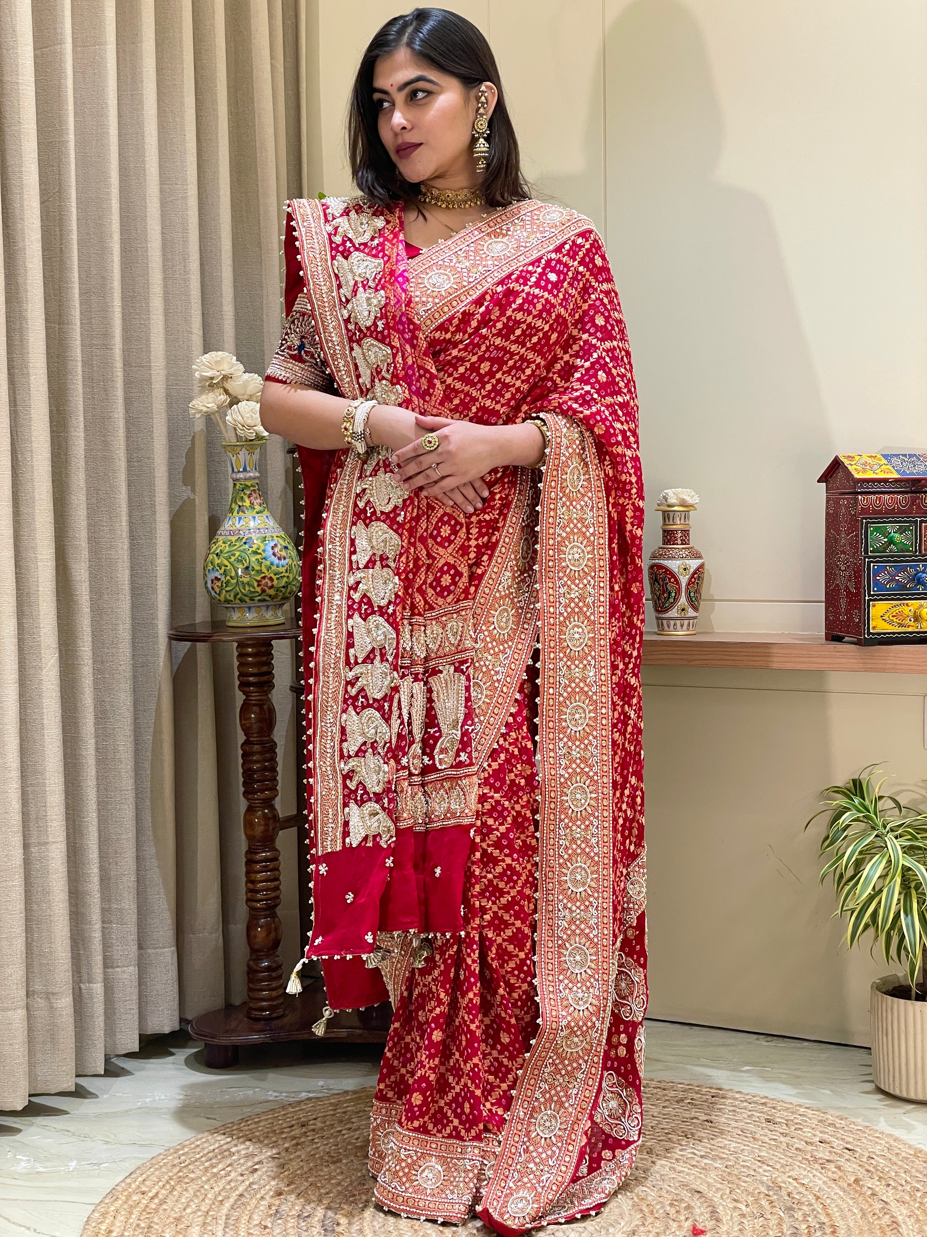 Kesaribai Red Khadi Georgette Bridal Saree