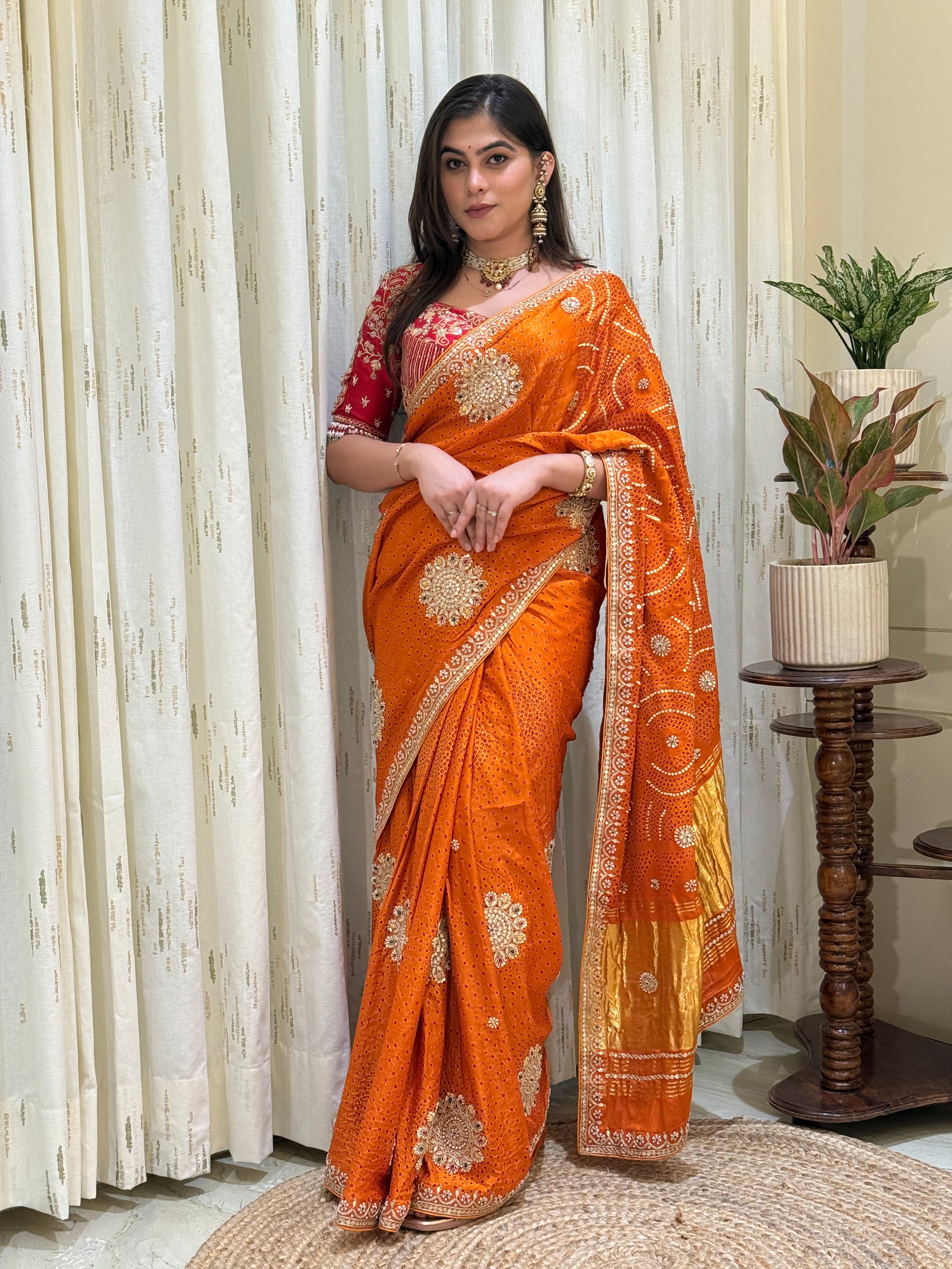 Amisha Haldi Orange Bandhani Saree