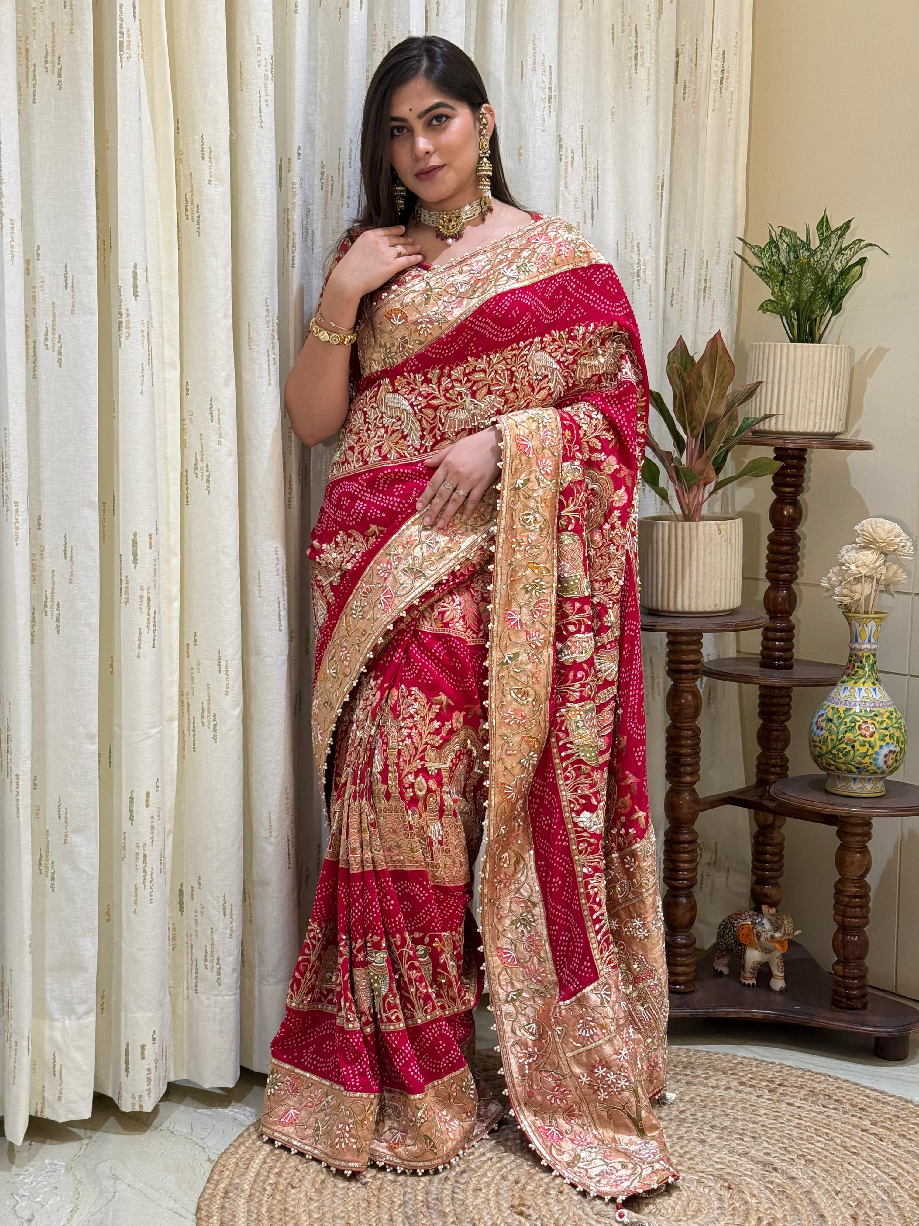 Padmini Noor Kadva Zari Bandhani Bridal Saree