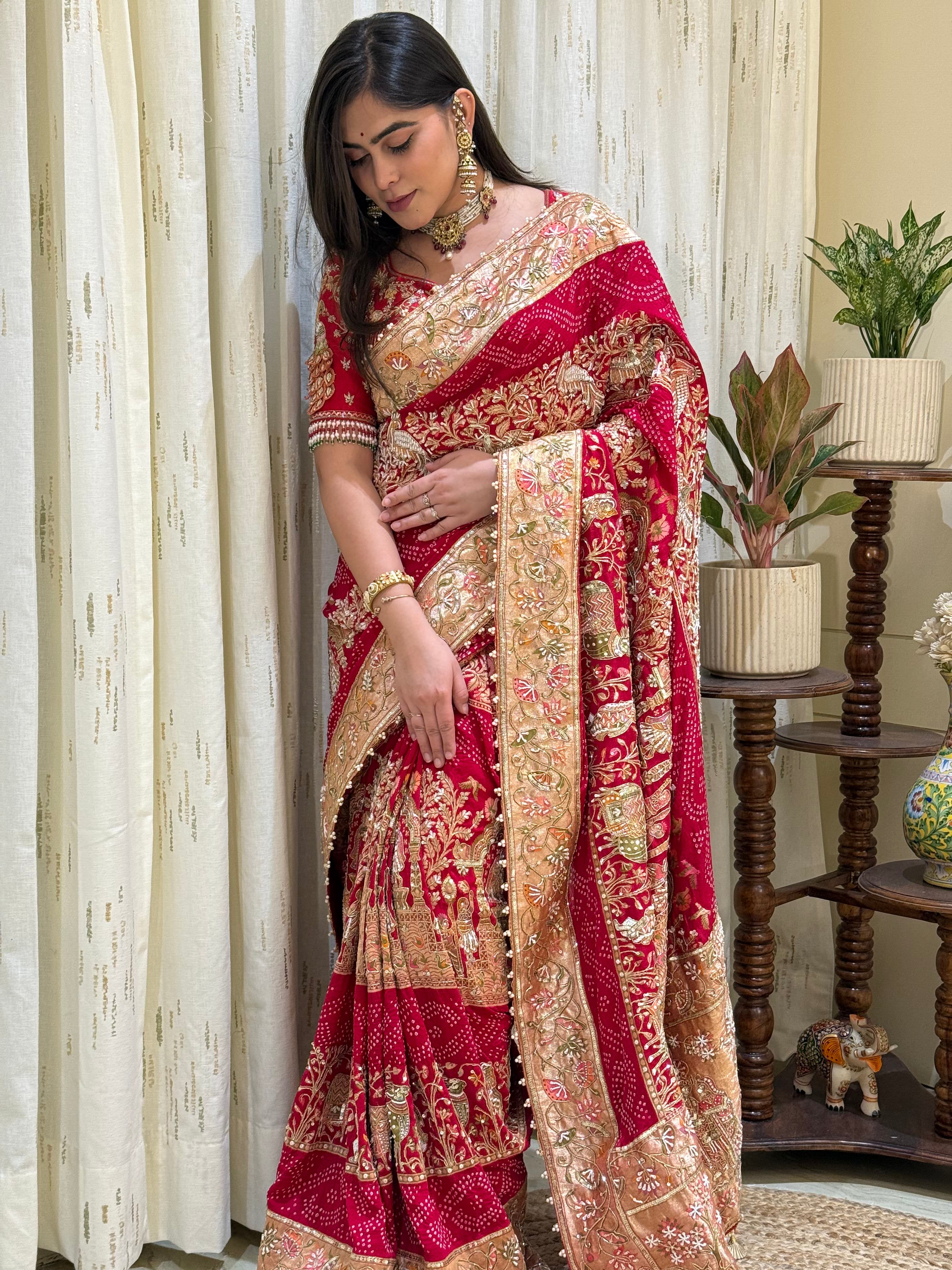 Padmini Noor Kadva Zari Bandhani Bridal Saree