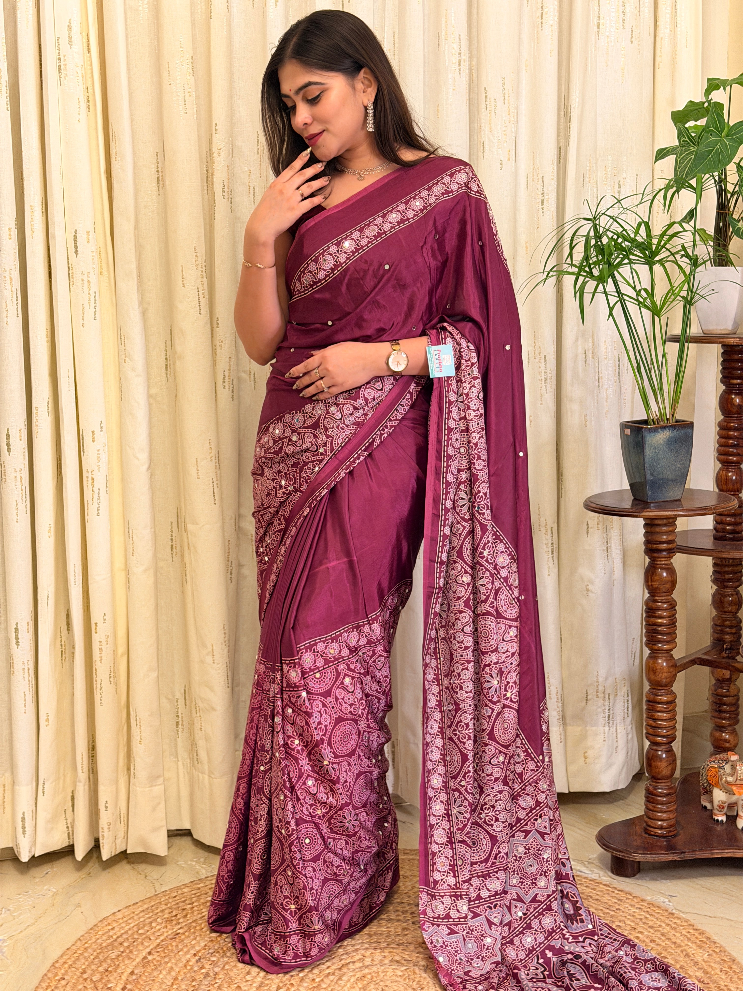 Ishani Plum Ajrakh With Mirror Work Saree