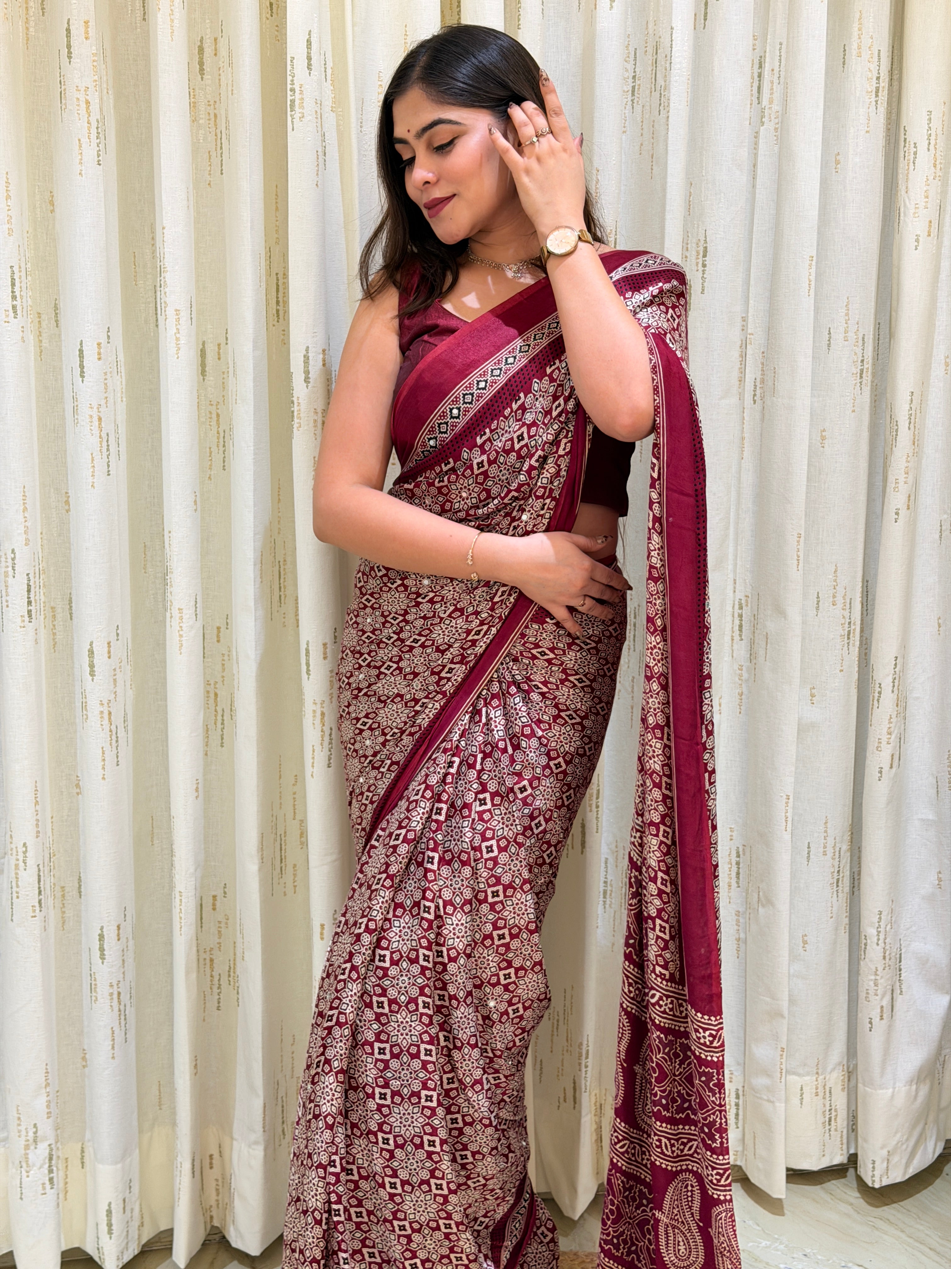 Aarini Maroon Ajrakh With Mirror Work Saree