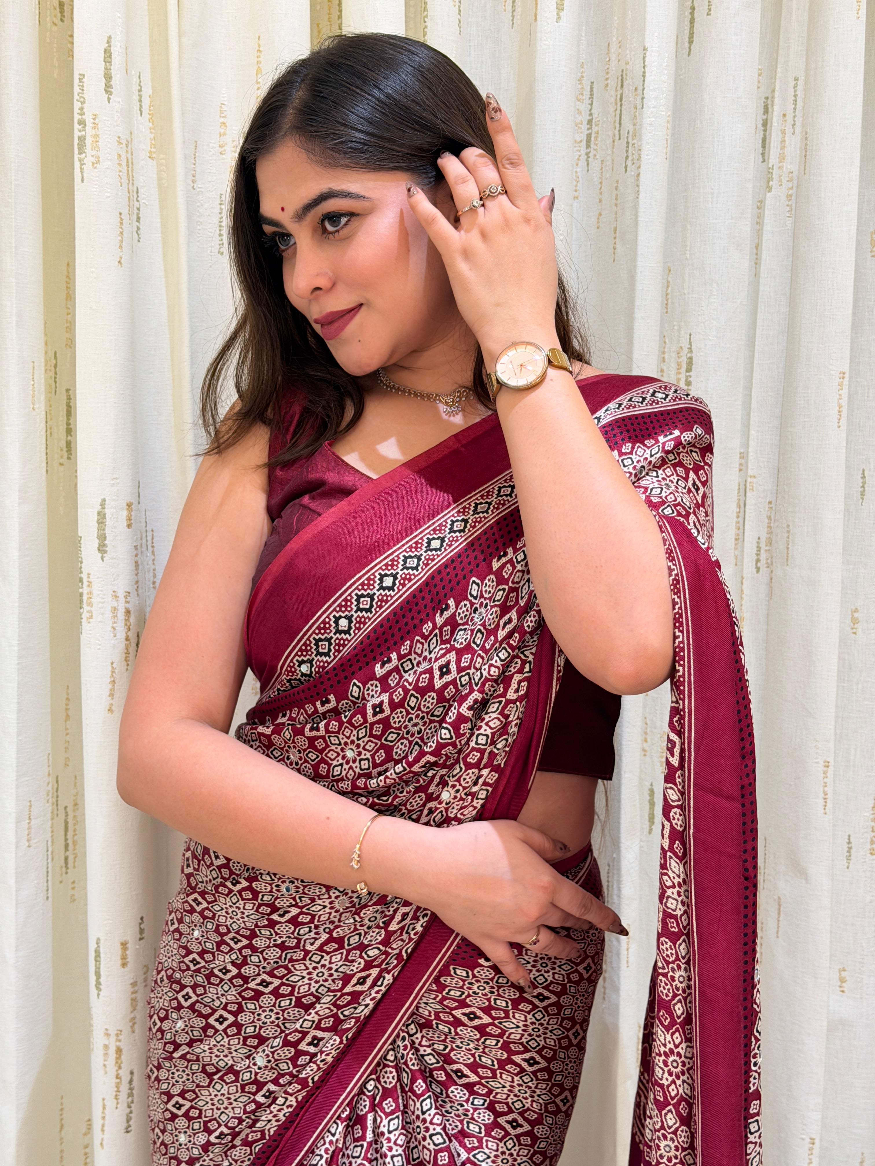 Aarini Maroon Ajrakh With Mirror Work Saree