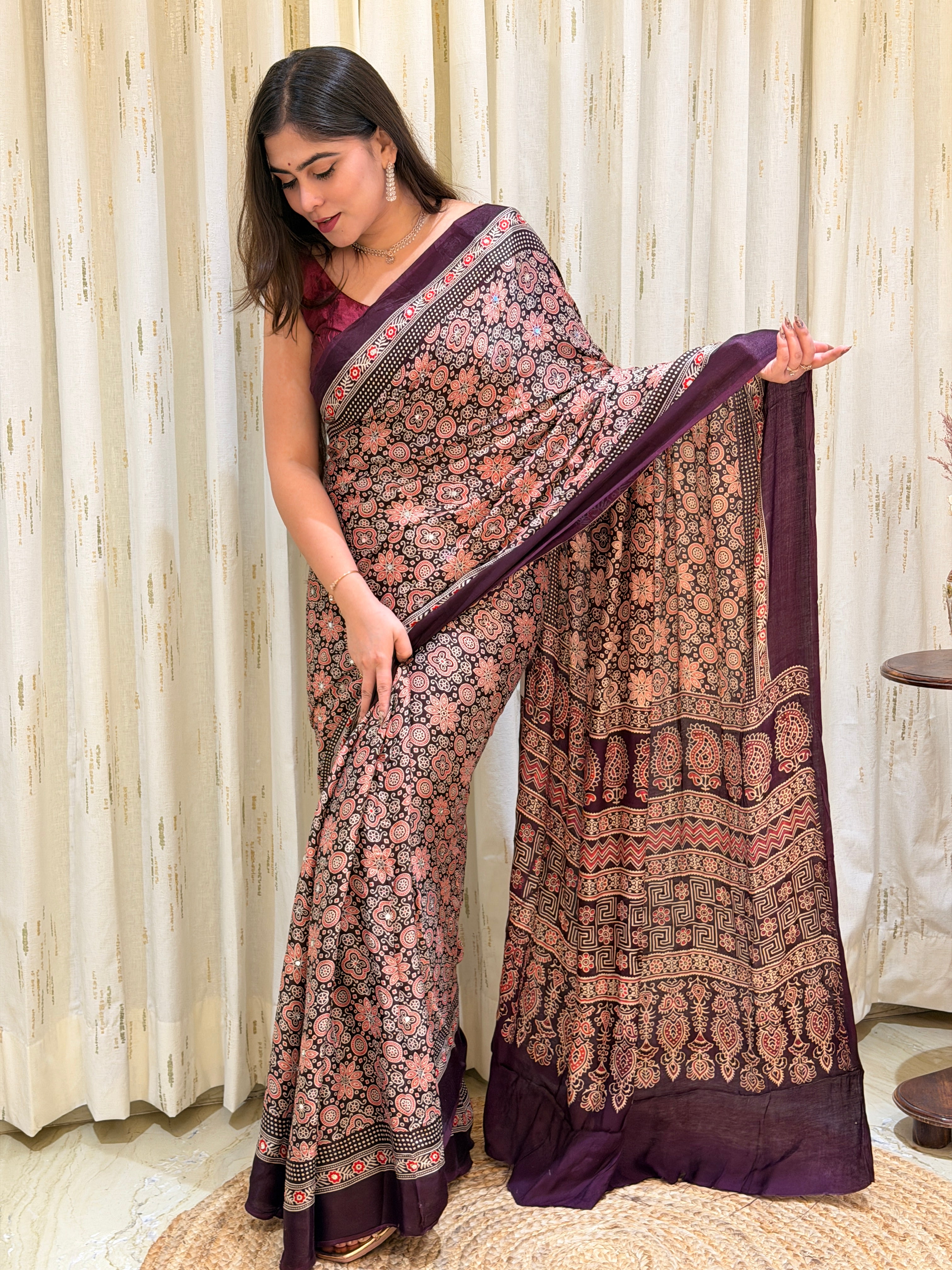 Anvika Wine Ajrakh With Mirror Work Saree