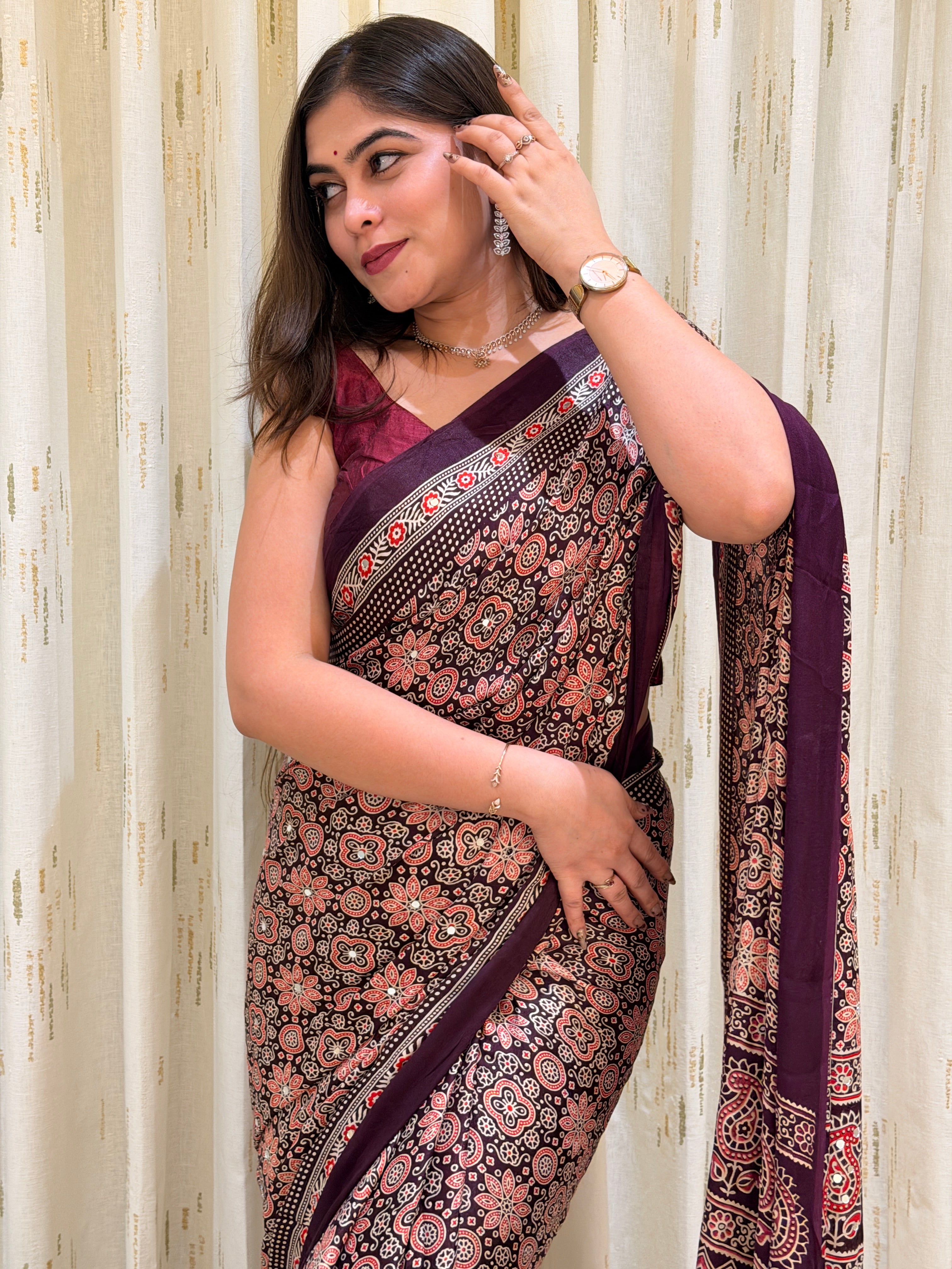 Anvika Wine Ajrakh With Mirror Work Saree