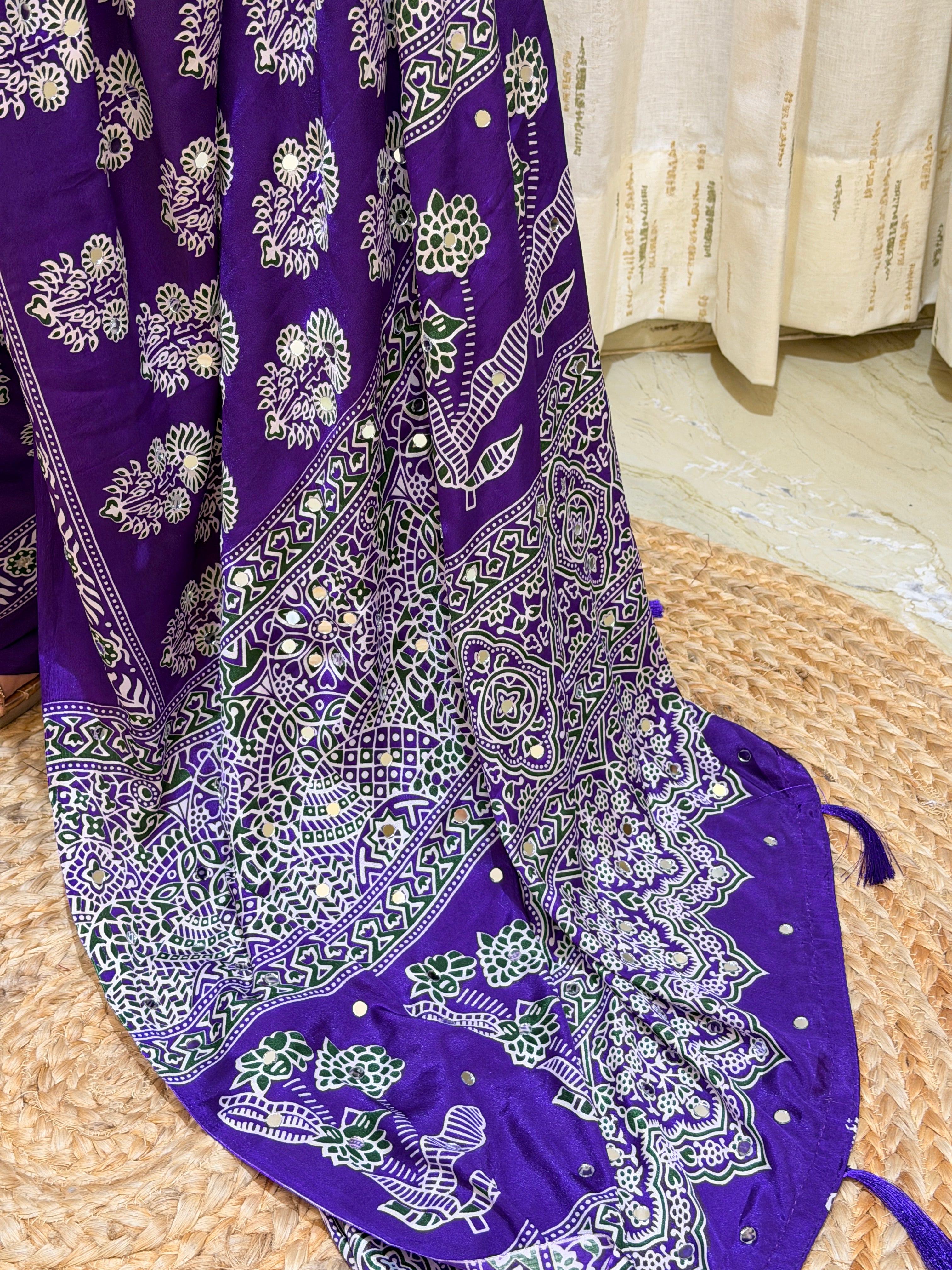 Anaya Purple Ajrakh With Mirror Work Saree