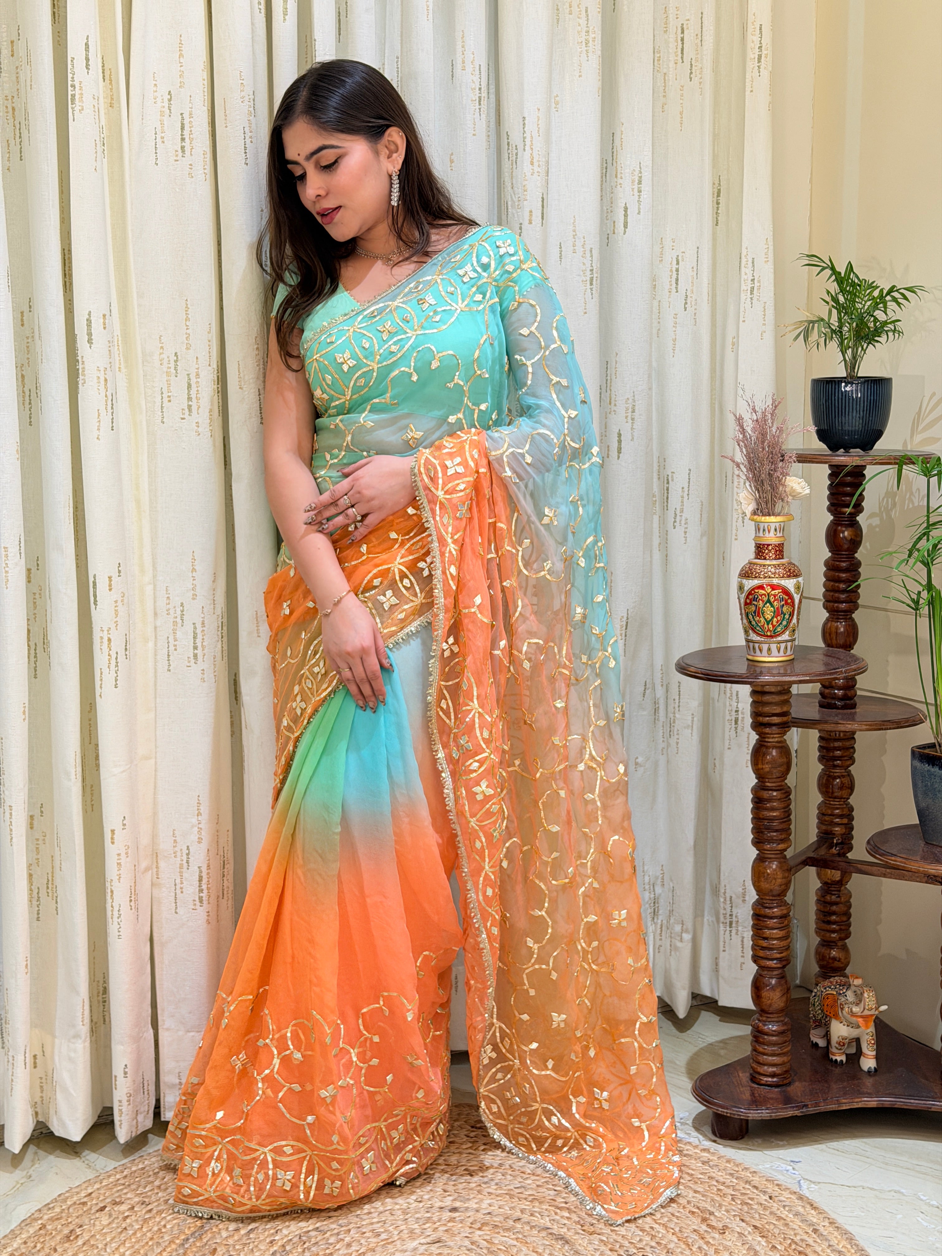Anaya Aqua Peach With Kacha Gota Handwork Chiffon Saree