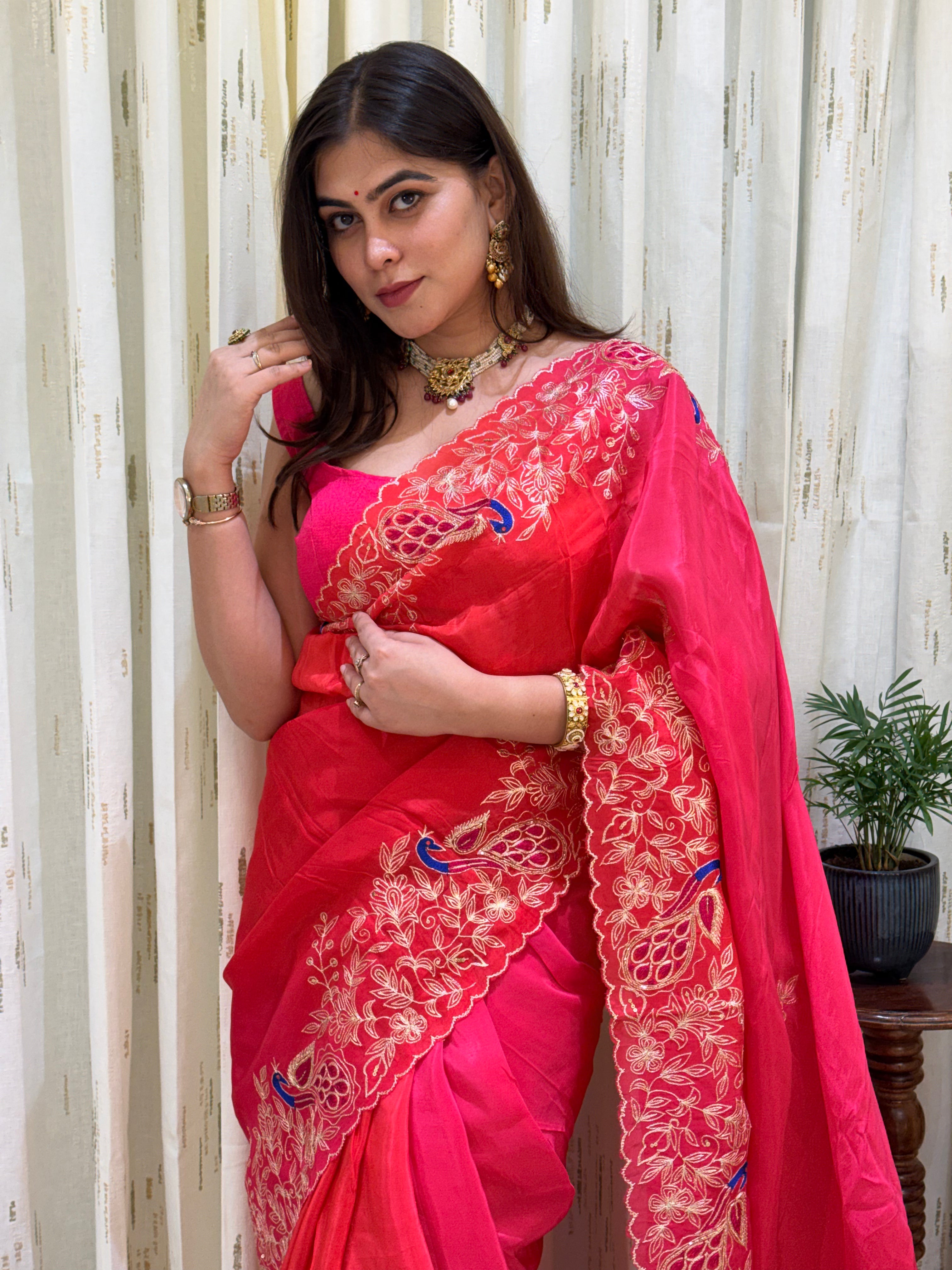 Anaya Orange Pink Aari Tari Chiffon Saree