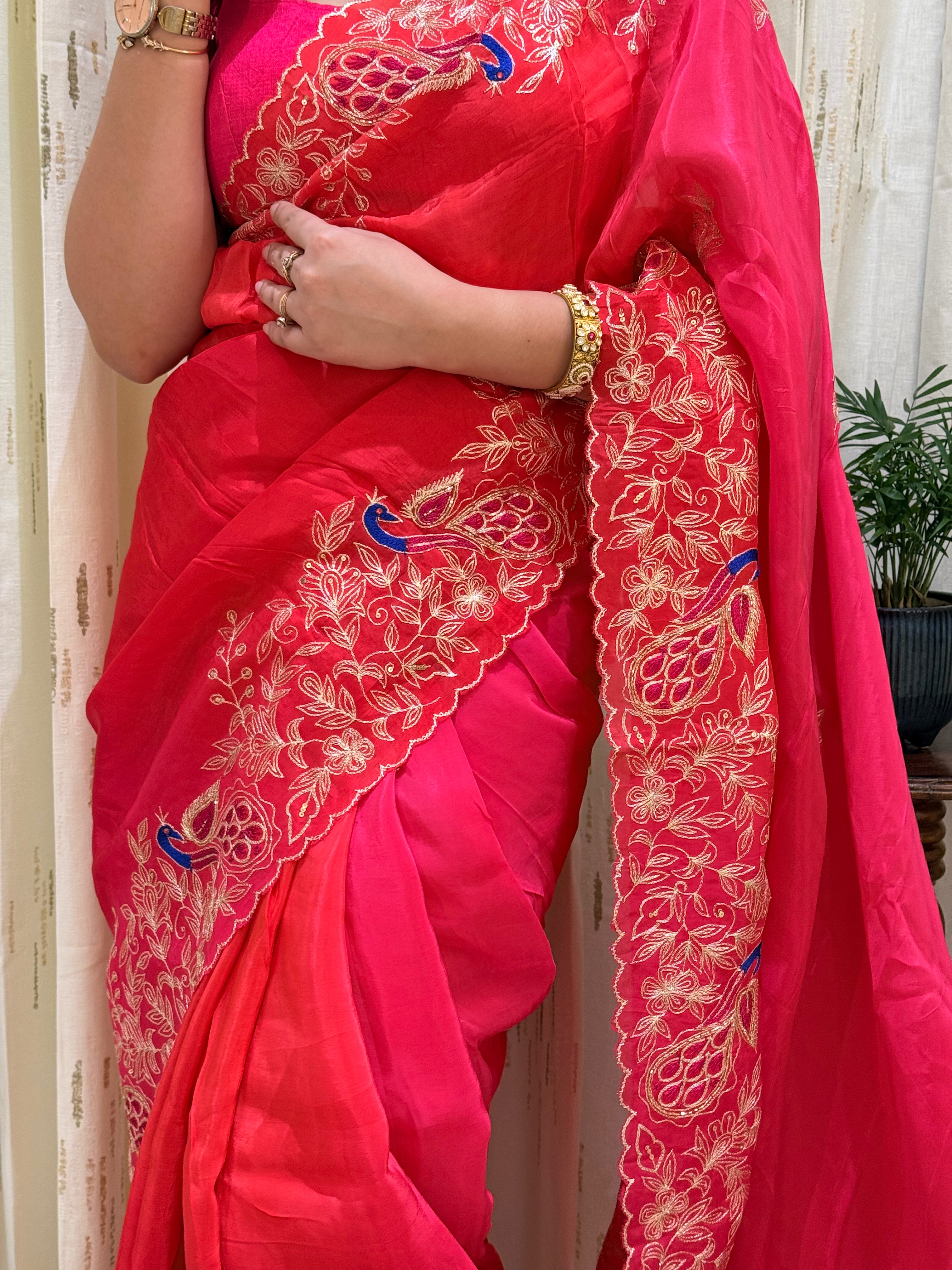 Anaya Orange Pink Aari Tari Chiffon Saree