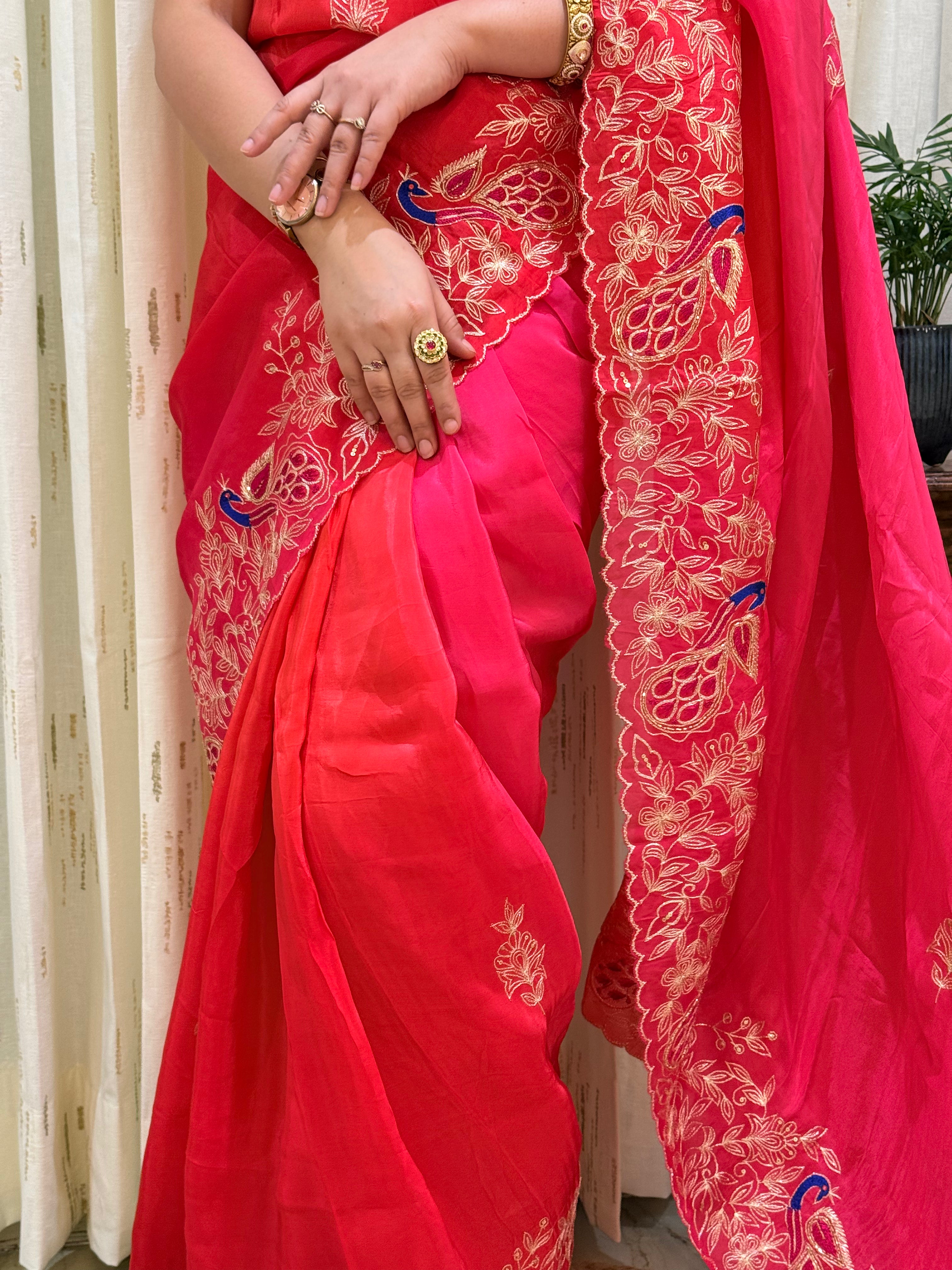 Anaya Orange Pink Aari Tari Chiffon Saree
