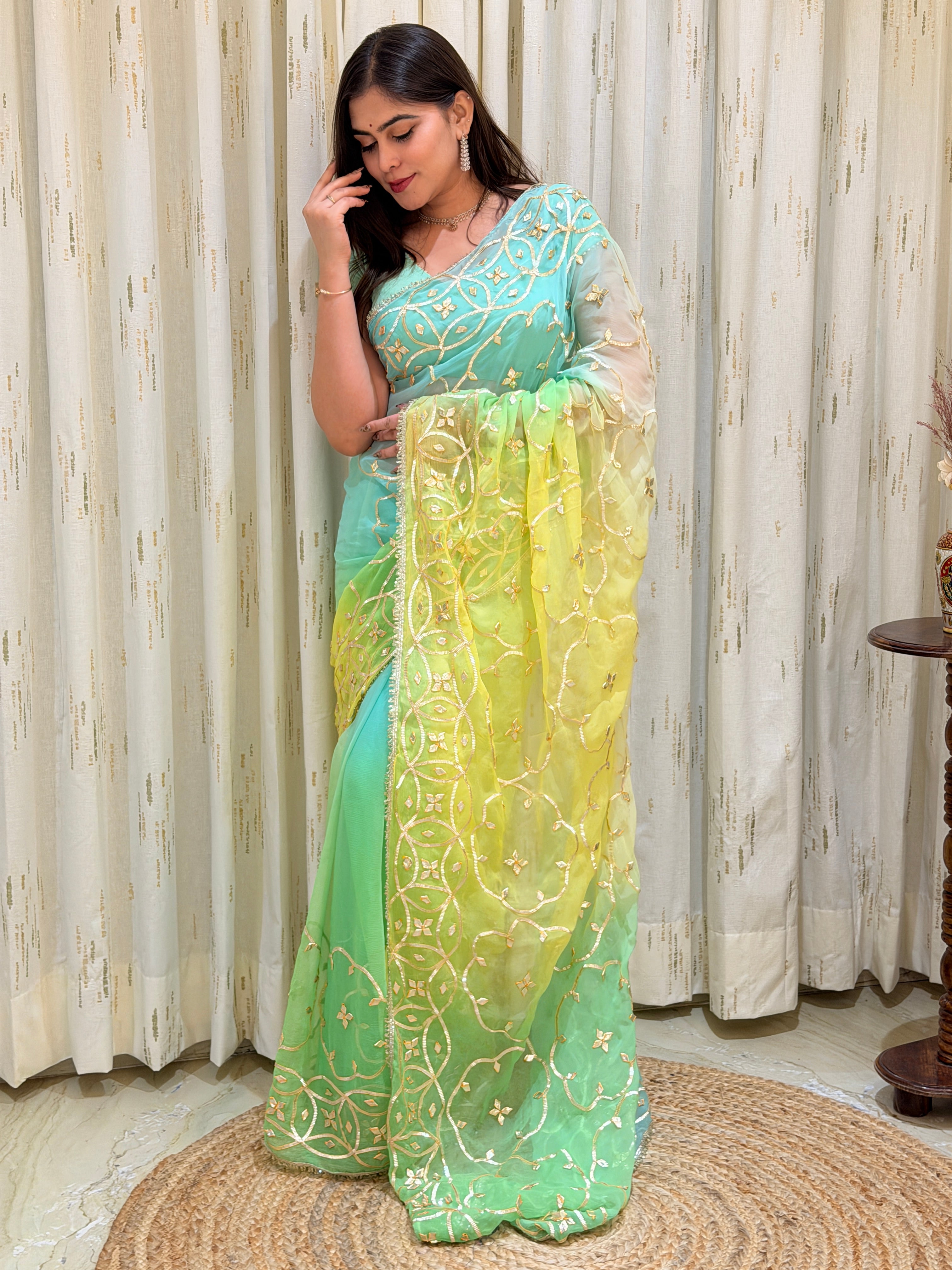 Kiara Mint Lemon With Kacha Gota Handwork Chiffon Saree
