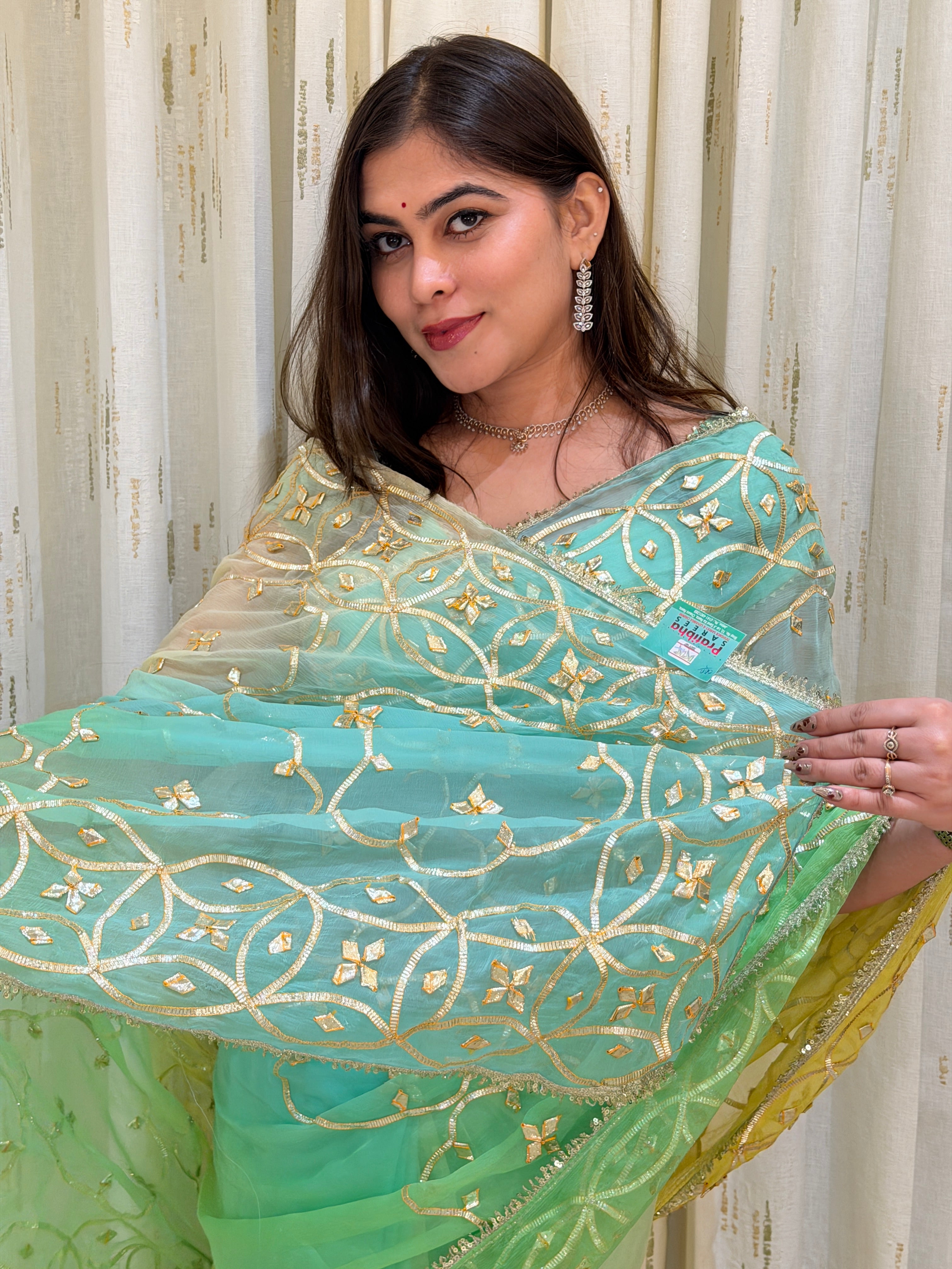Kiara Mint Lemon With Kacha Gota Handwork Chiffon Saree
