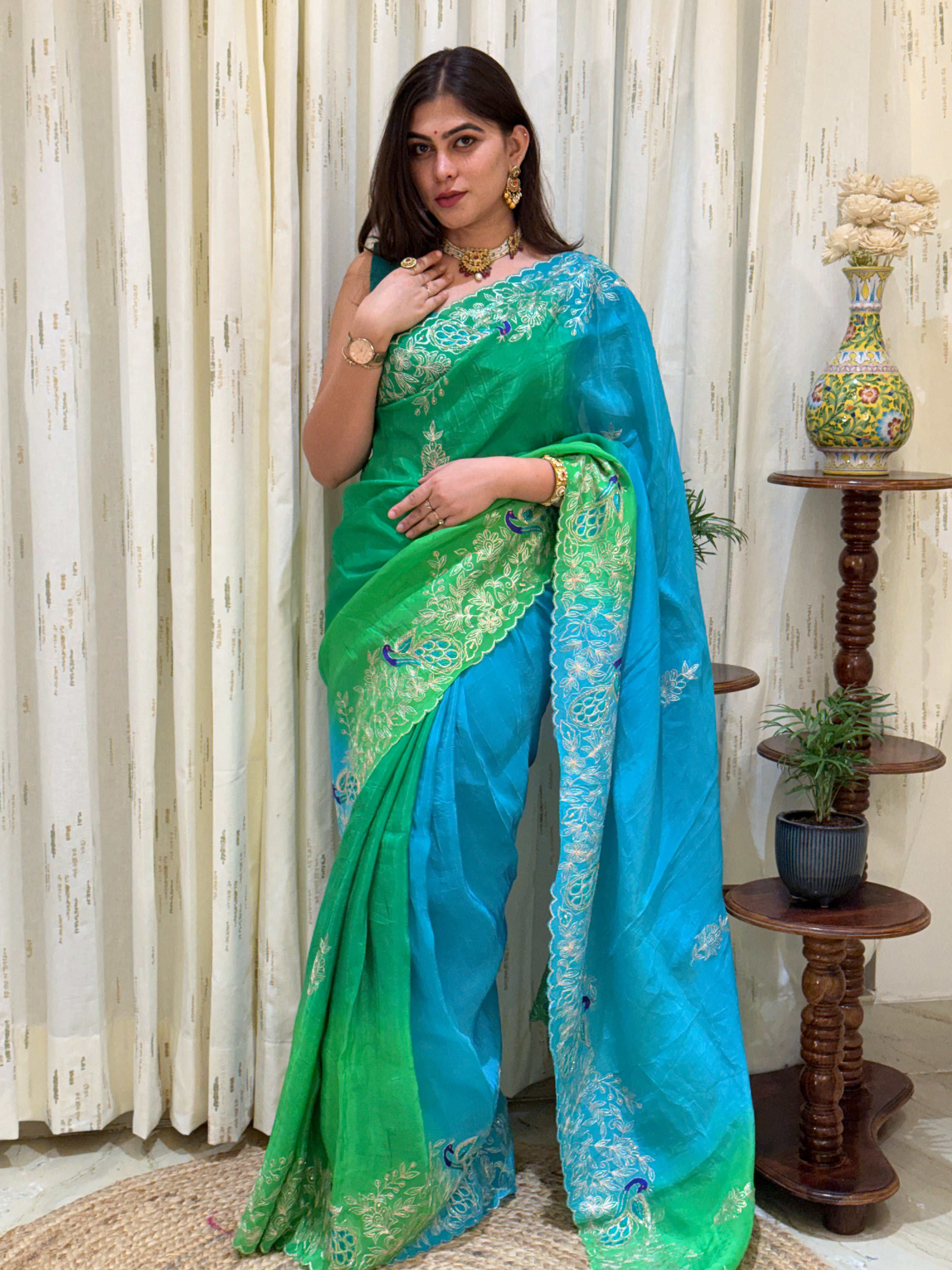 Somya Blue Green Aari Tari Chiffon Saree