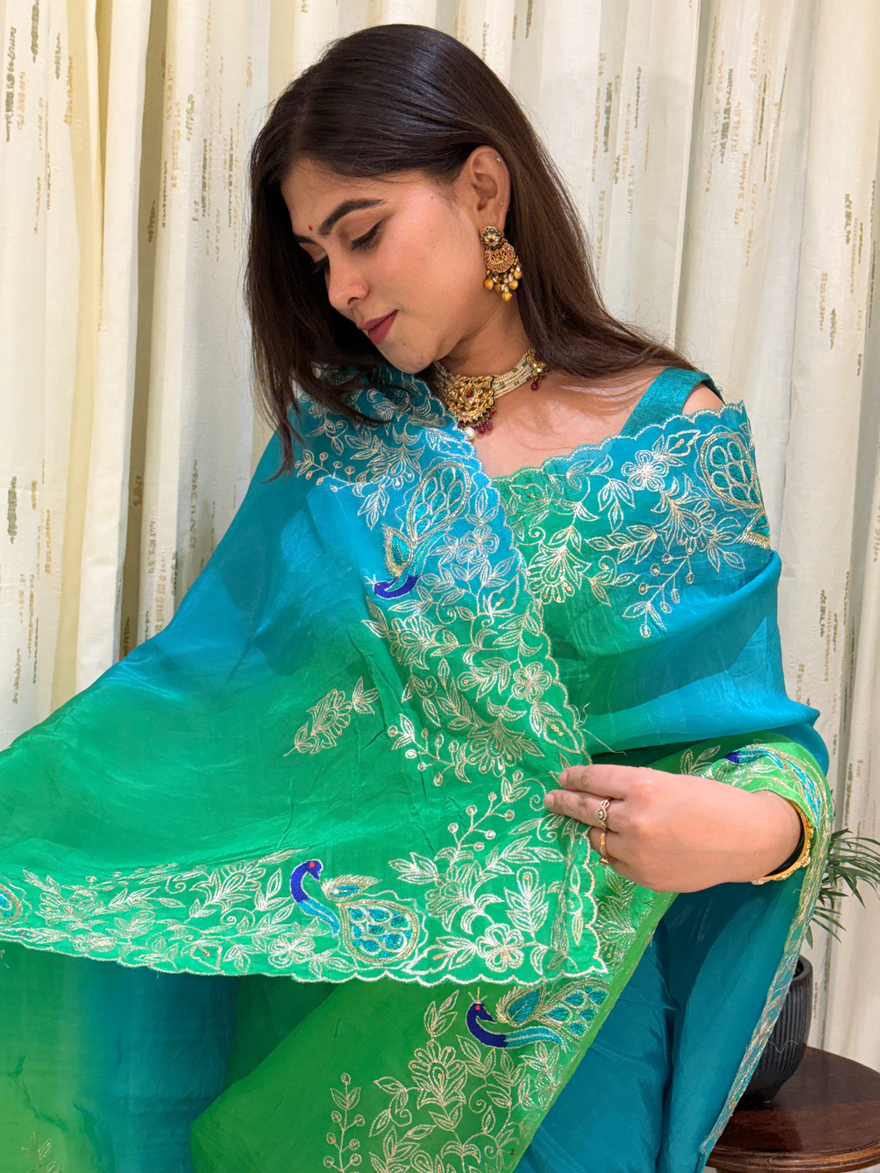 Somya Blue Green Aari Tari Chiffon Saree
