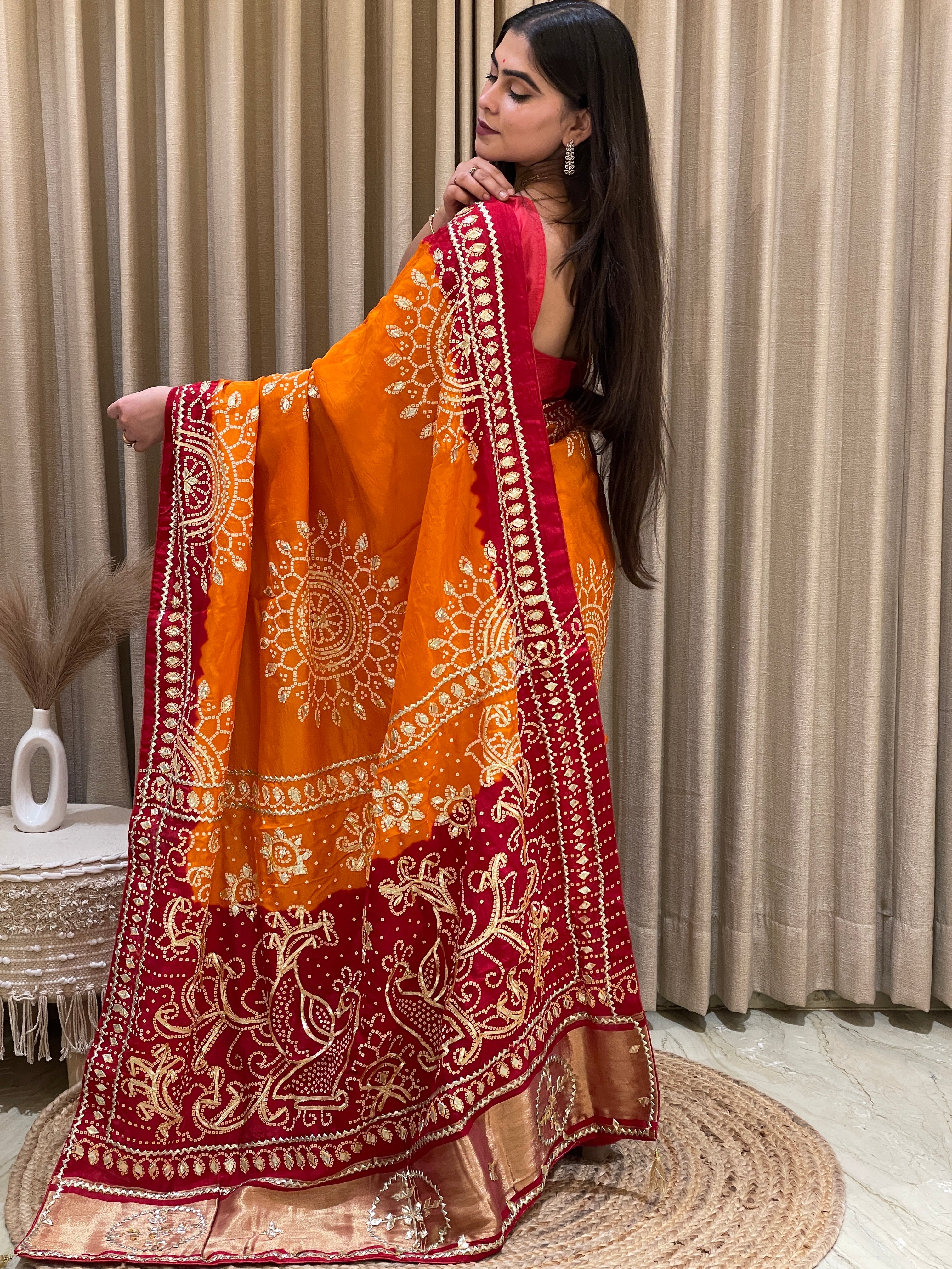 Ishani Red Orange Bandhani Silk Saree