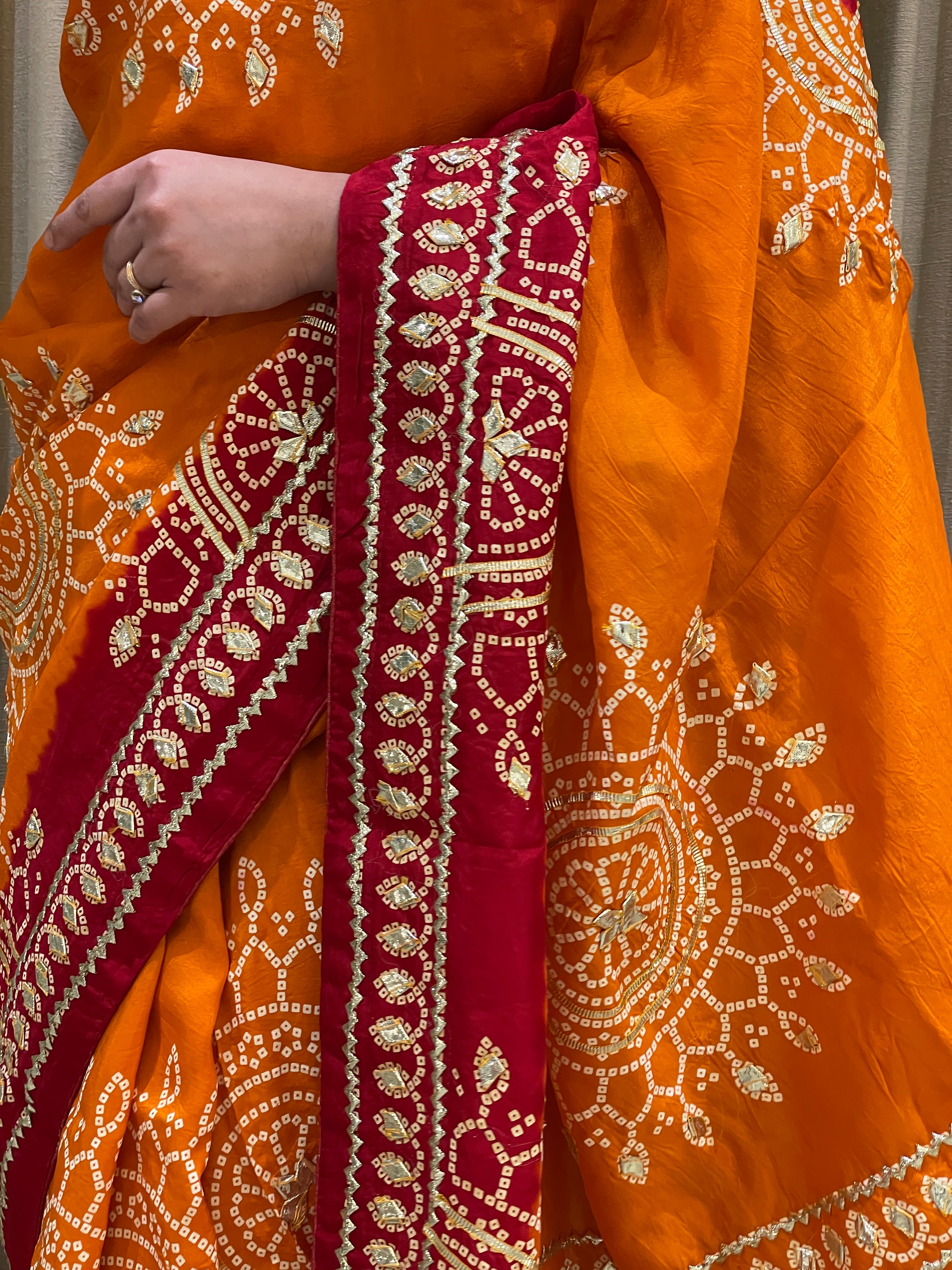 Ishani Red Orange Bandhani Silk Saree