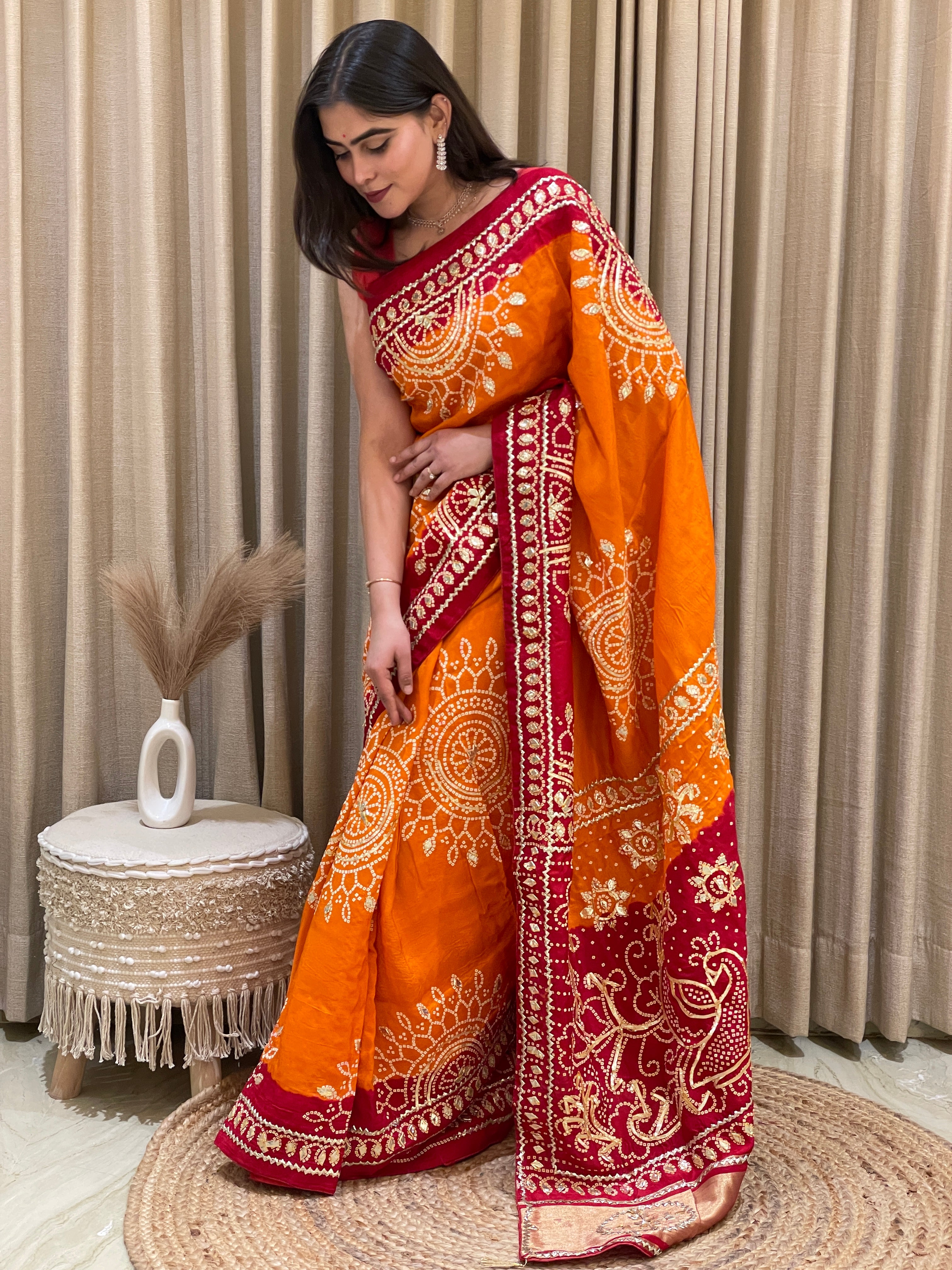Ishani Red Orange Bandhani Silk Saree