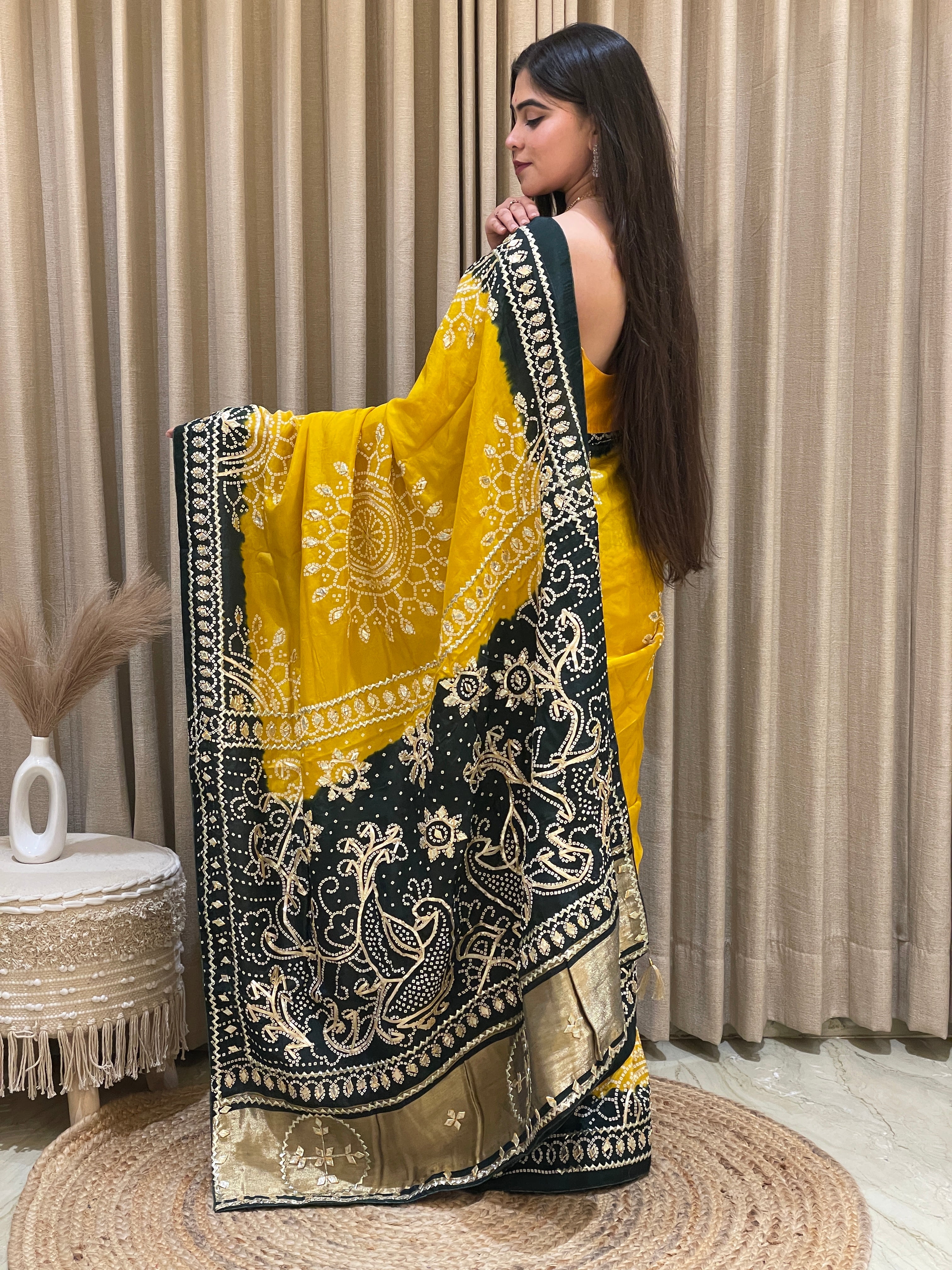 Gauri Green Yellow Bandhani Silk Saree