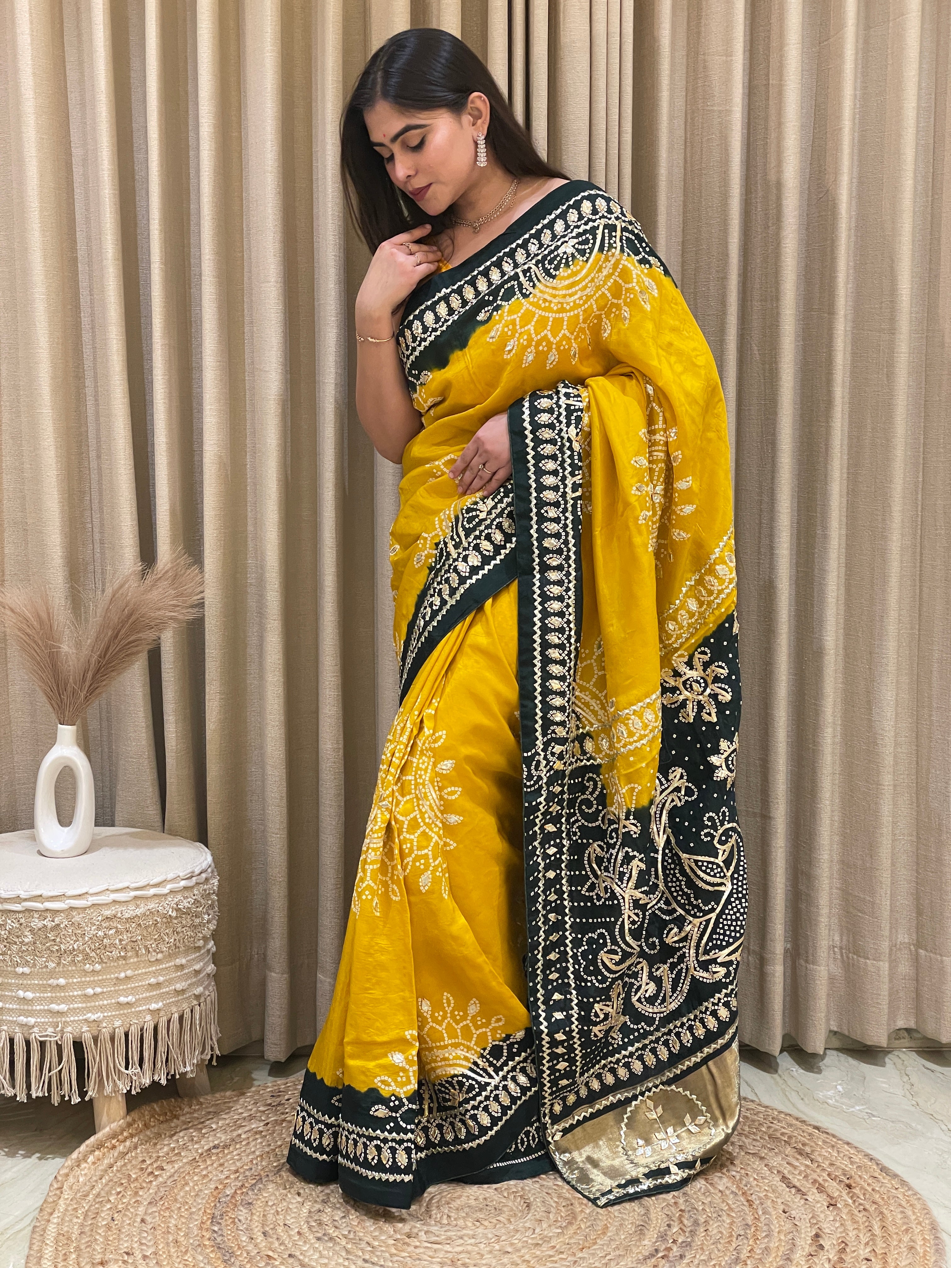 Gauri Green Yellow Bandhani Silk Saree