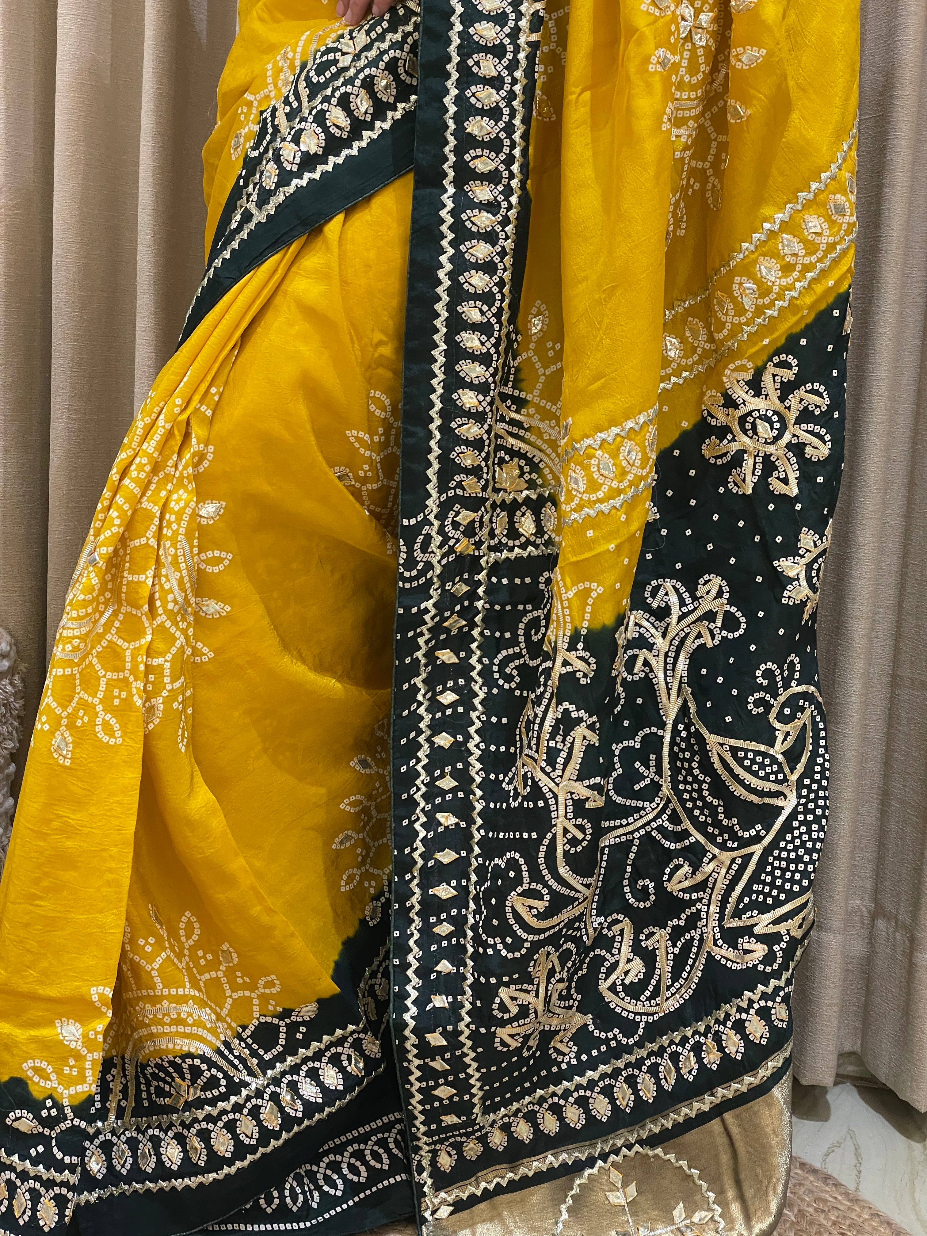 Gauri Green Yellow Bandhani Silk Saree