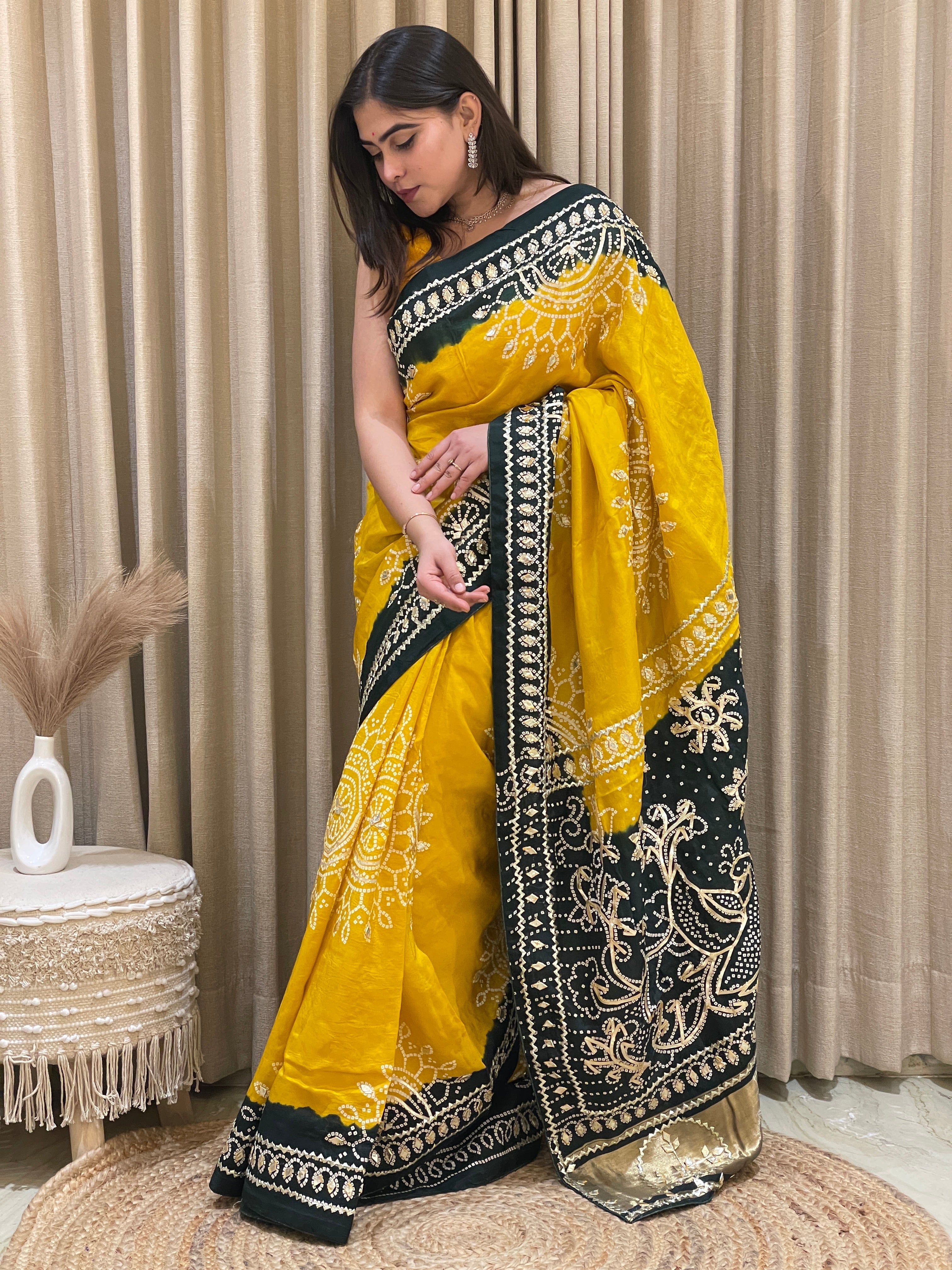 Gauri Green Yellow Bandhani Silk Saree