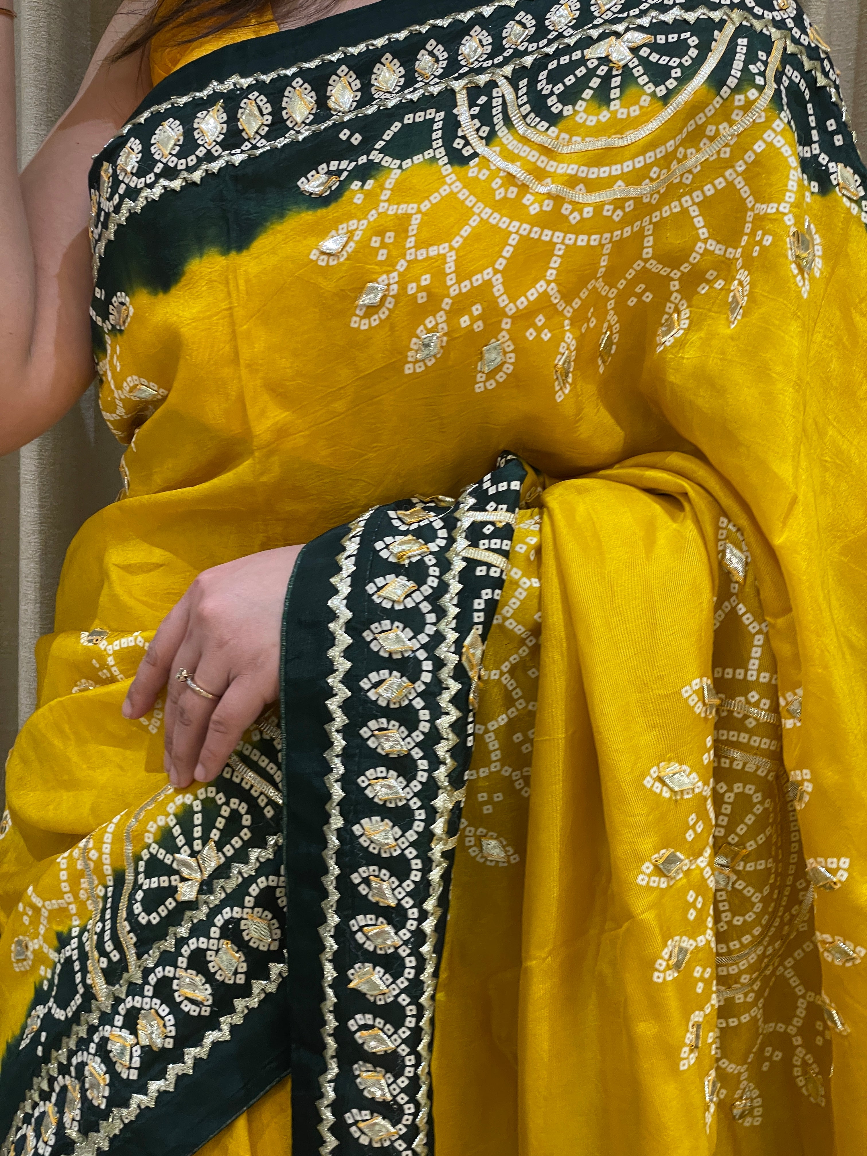 Gauri Green Yellow Bandhani Silk Saree